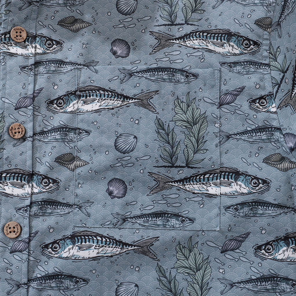 Men's Gray Fish Print Hawaiian Shirt - Cotton Short Sleeve