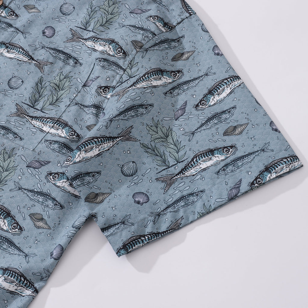 Men's Gray Fish Print Hawaiian Shirt - Cotton Short Sleeve