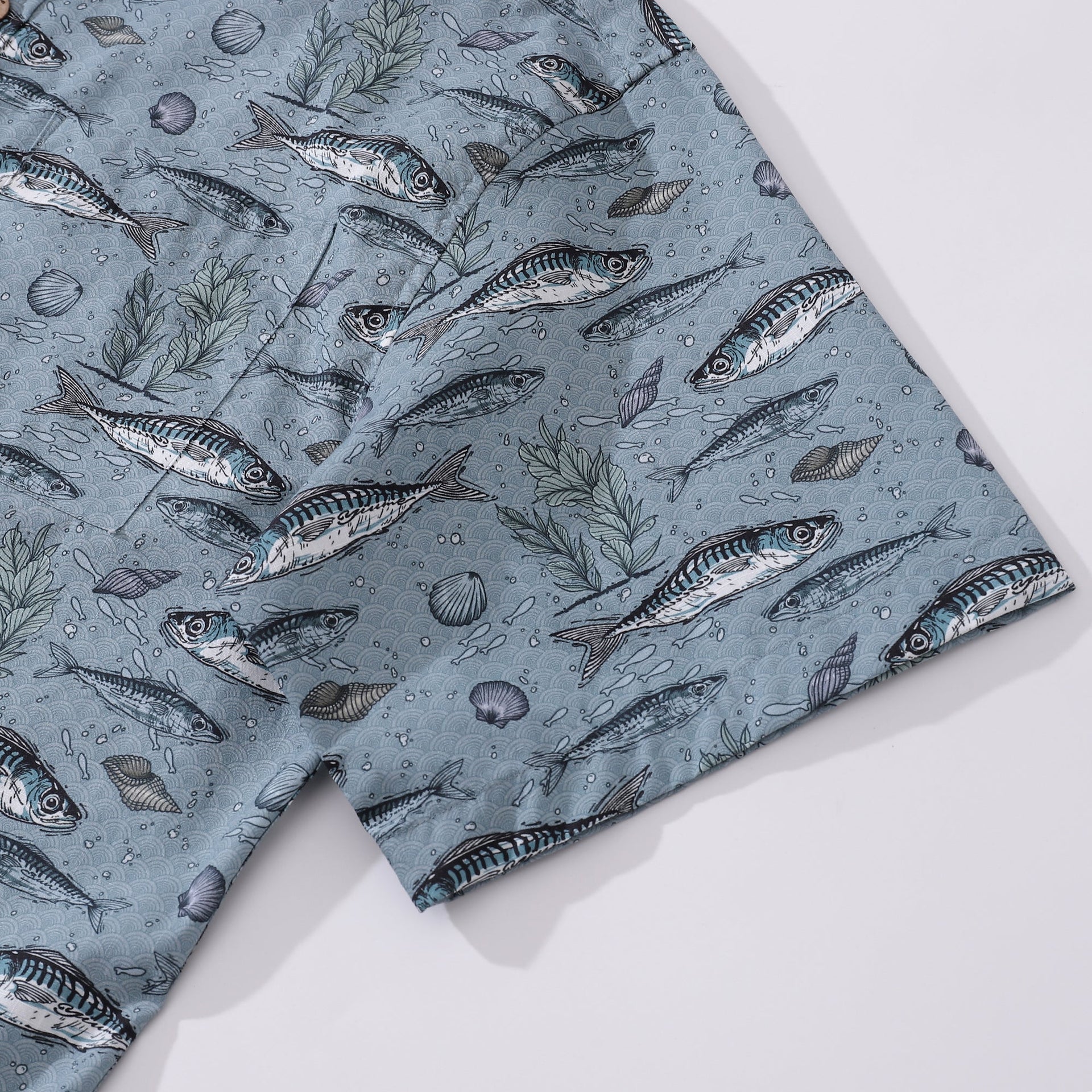 Men's Gray Fish Print Hawaiian Shirt - Cotton Short Sleeve