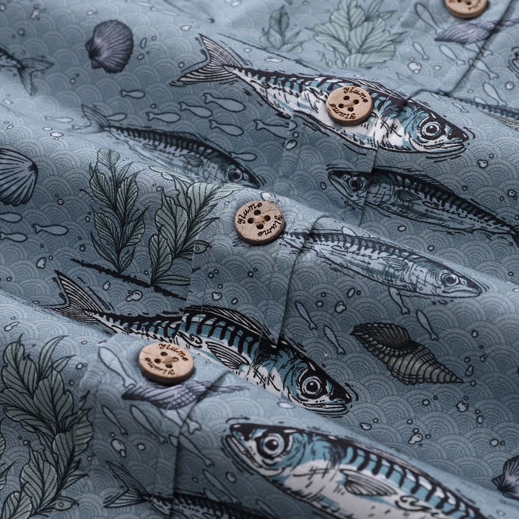 Men's Gray Fish Print Hawaiian Shirt - Cotton Short Sleeve