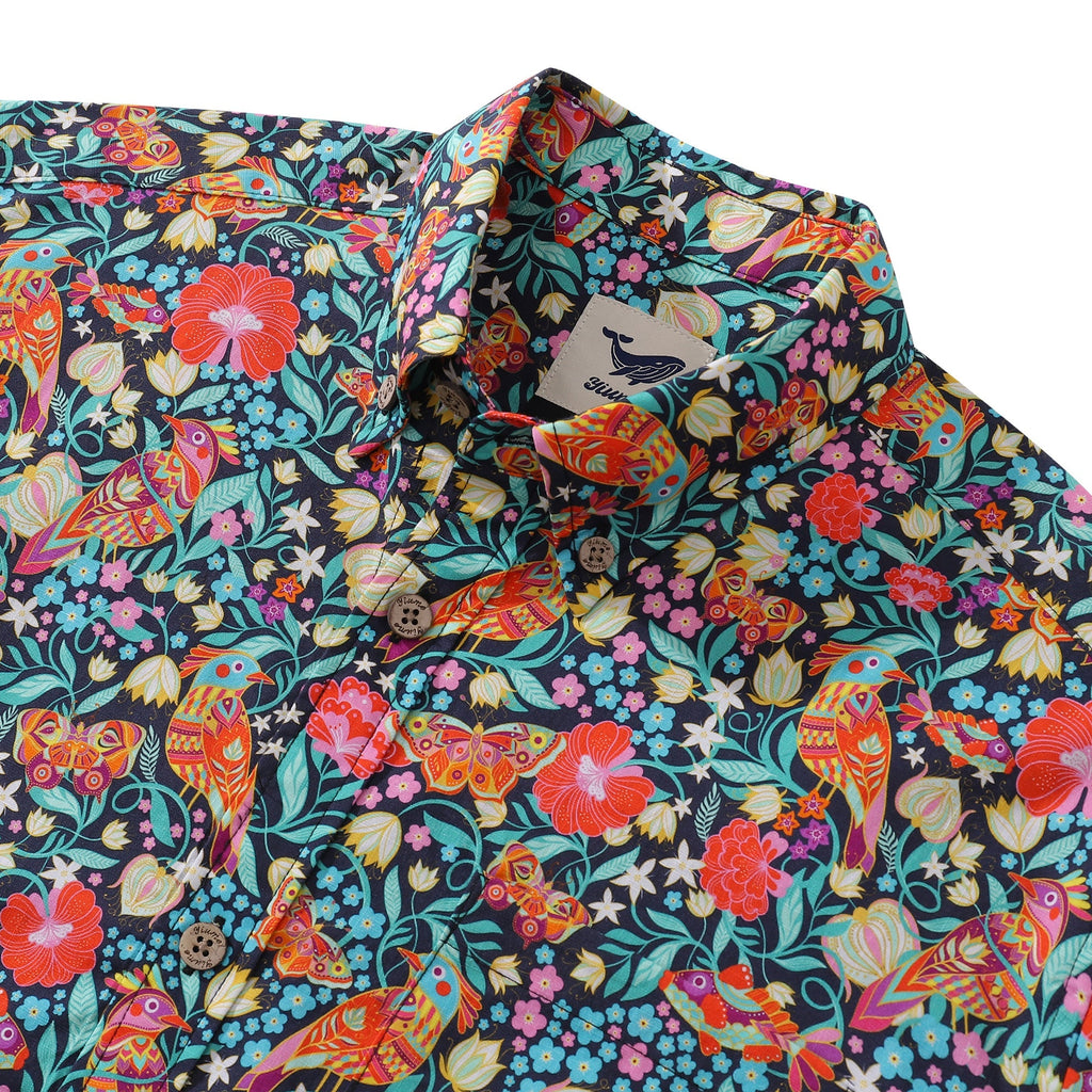 Men's Magic Garden Birds Cotton Aloha Shirt Navy Multi-color