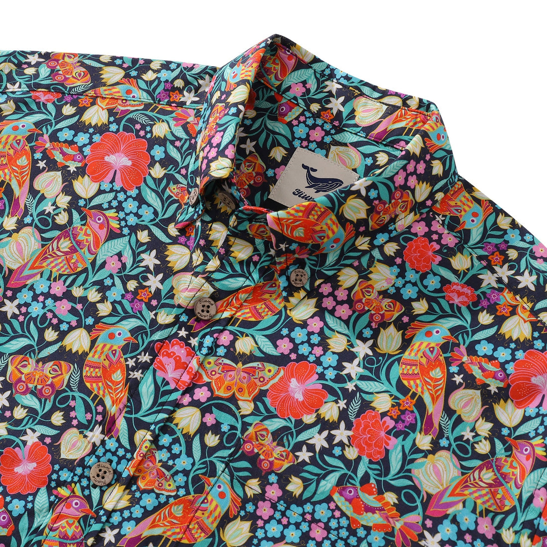Men's Magic Garden Birds Cotton Aloha Shirt Navy Multi-color