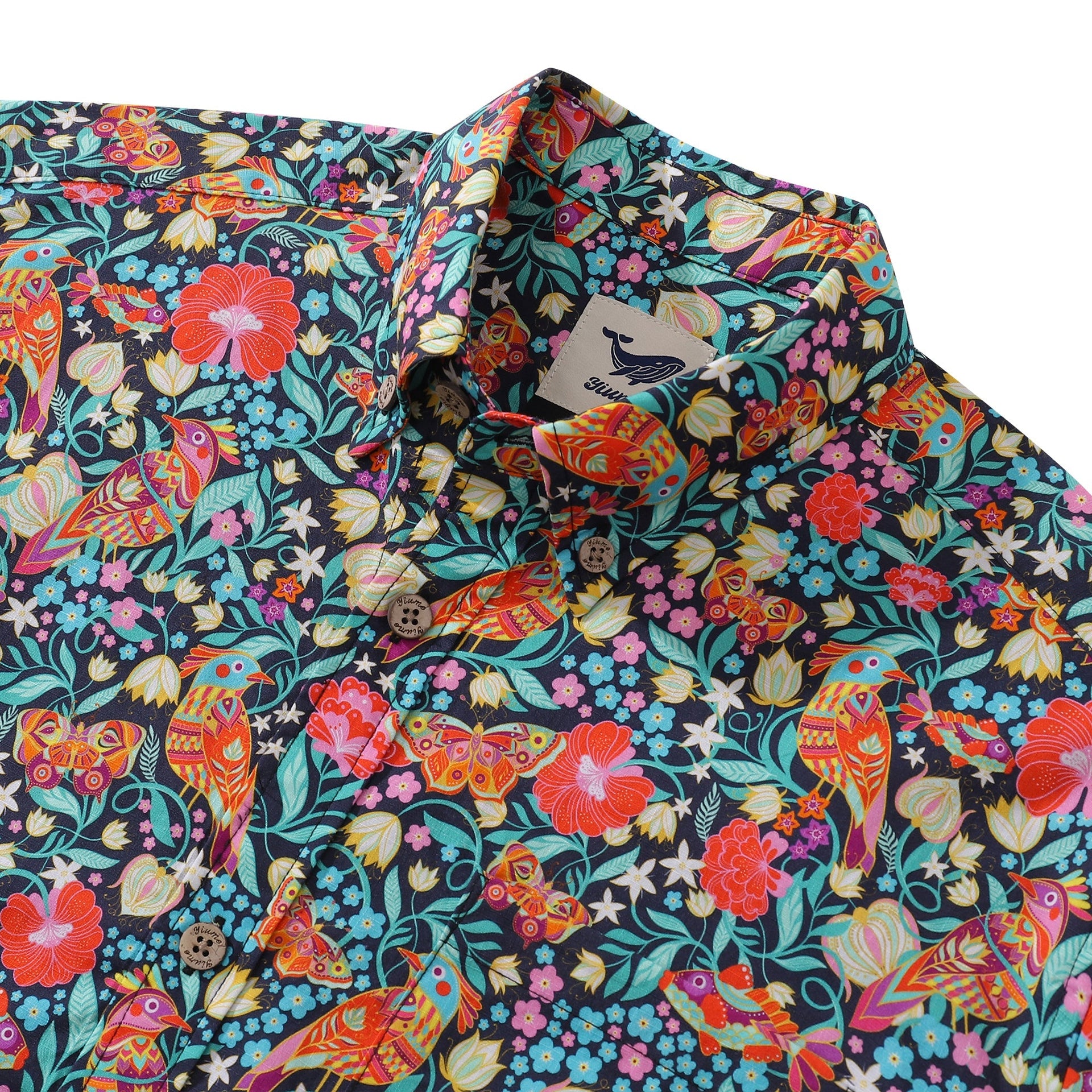 Men's Magic Garden Birds Cotton Aloha Shirt Navy Multi-color