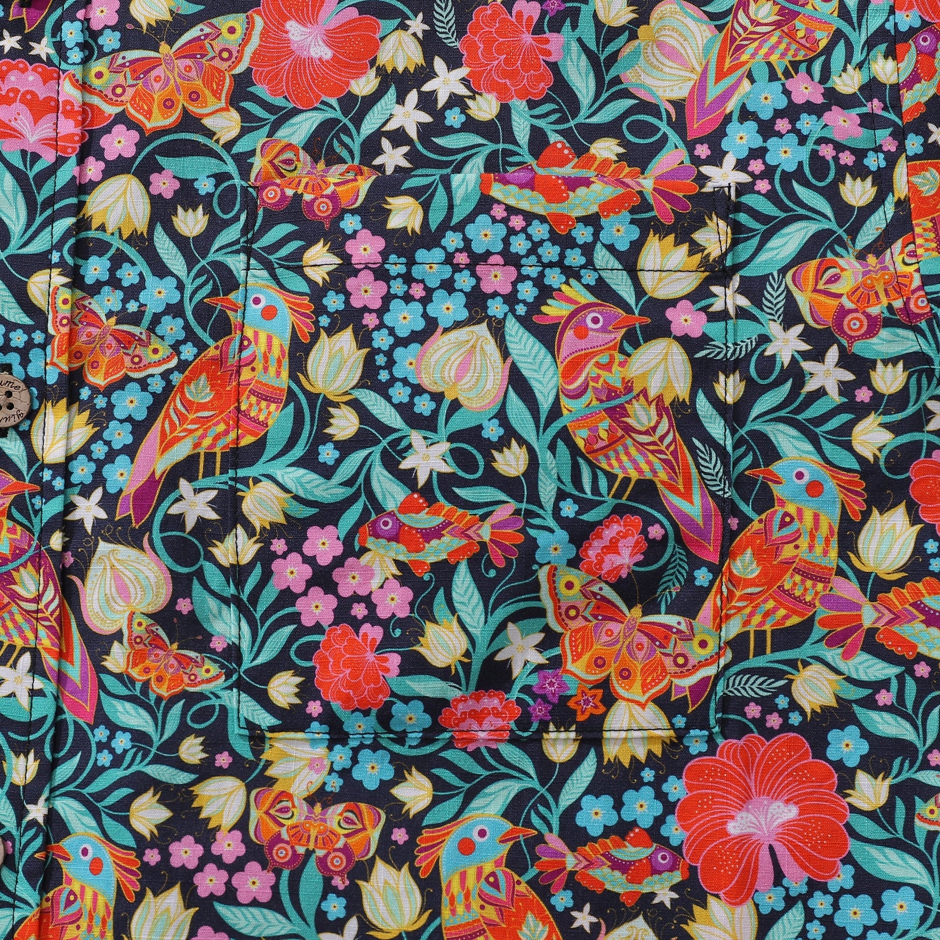Men's Magic Garden Birds Cotton Aloha Shirt Navy Multi-color