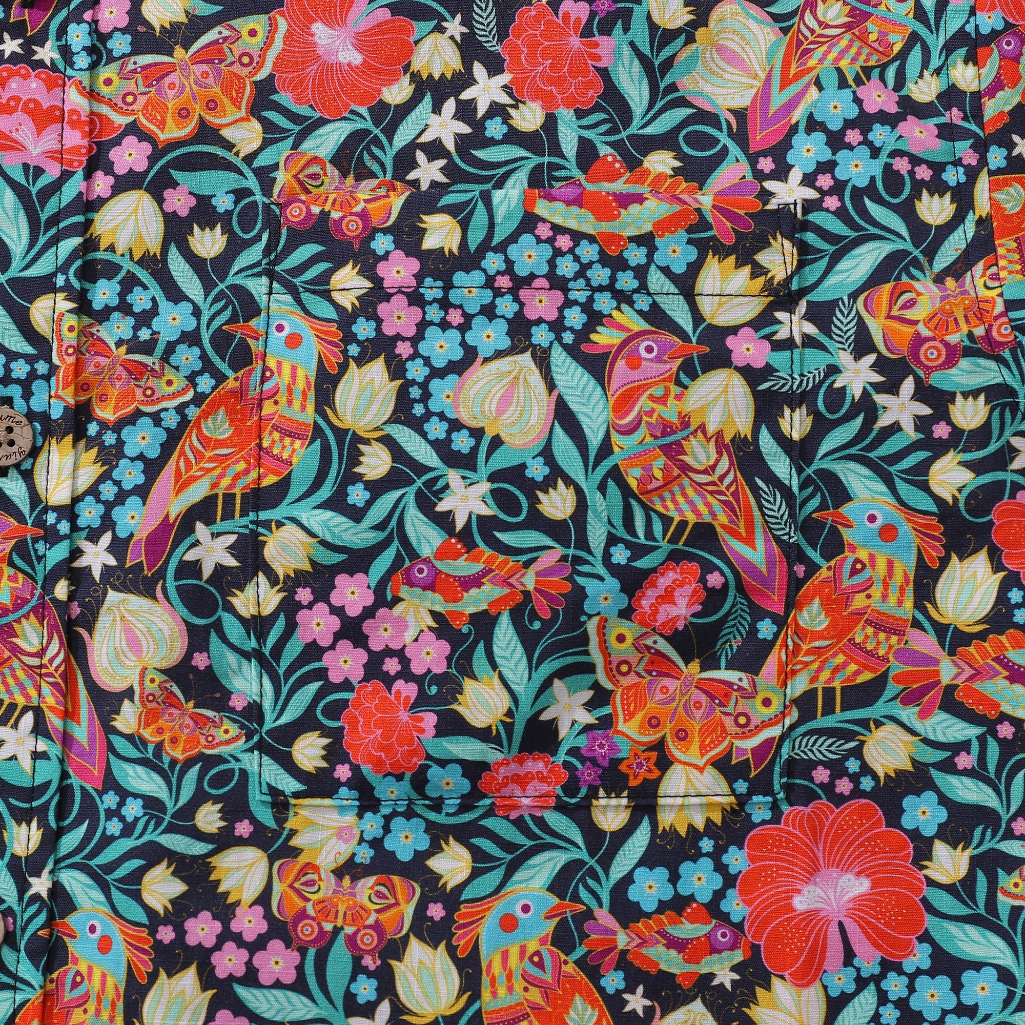 Men's Magic Garden Birds Cotton Aloha Shirt Navy Multi-color