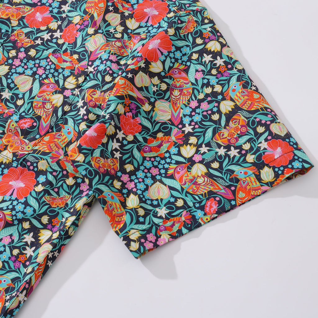 Men's Magic Garden Birds Cotton Aloha Shirt Navy Multi-color