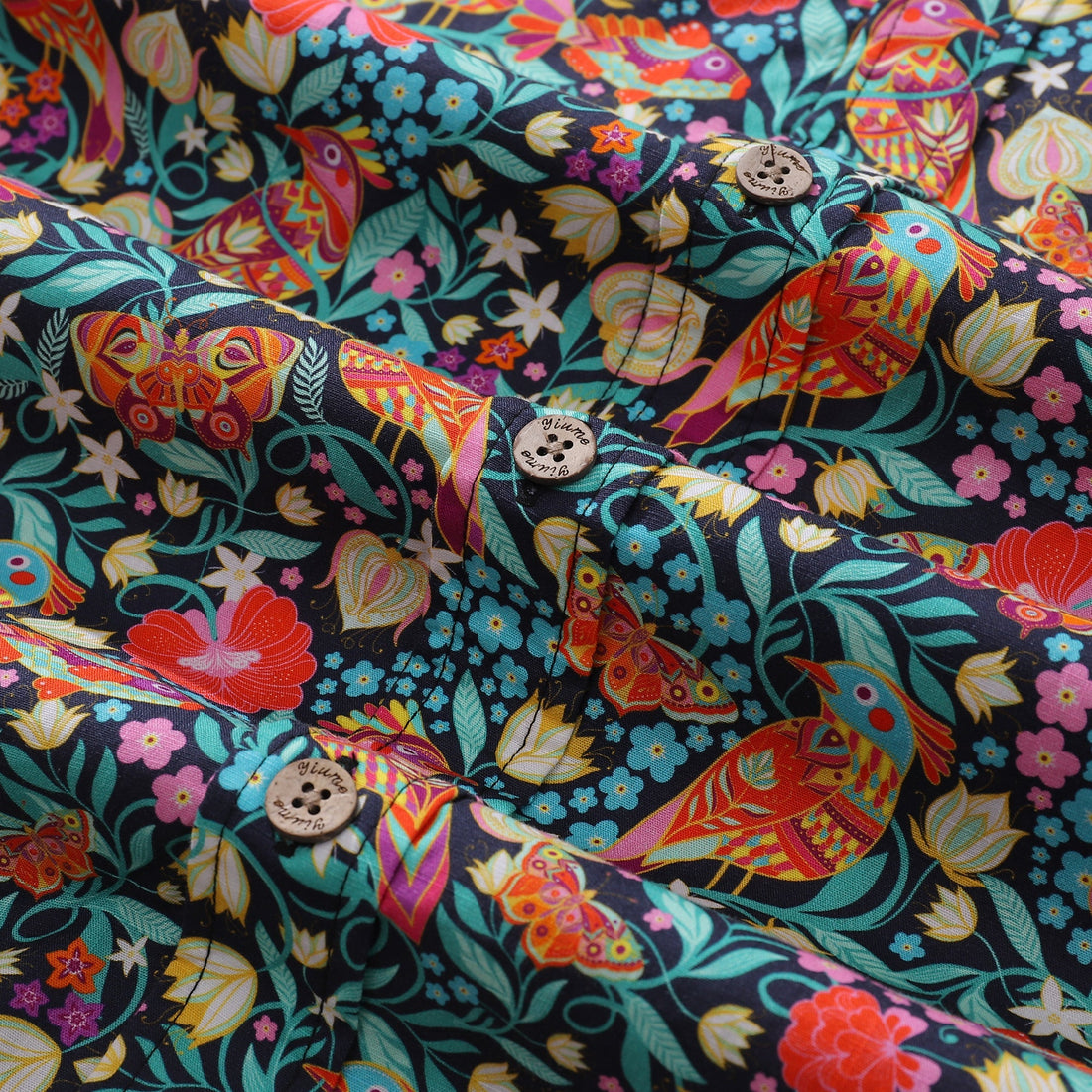 Men's Magic Garden Birds Cotton Aloha Shirt Navy Multi-color