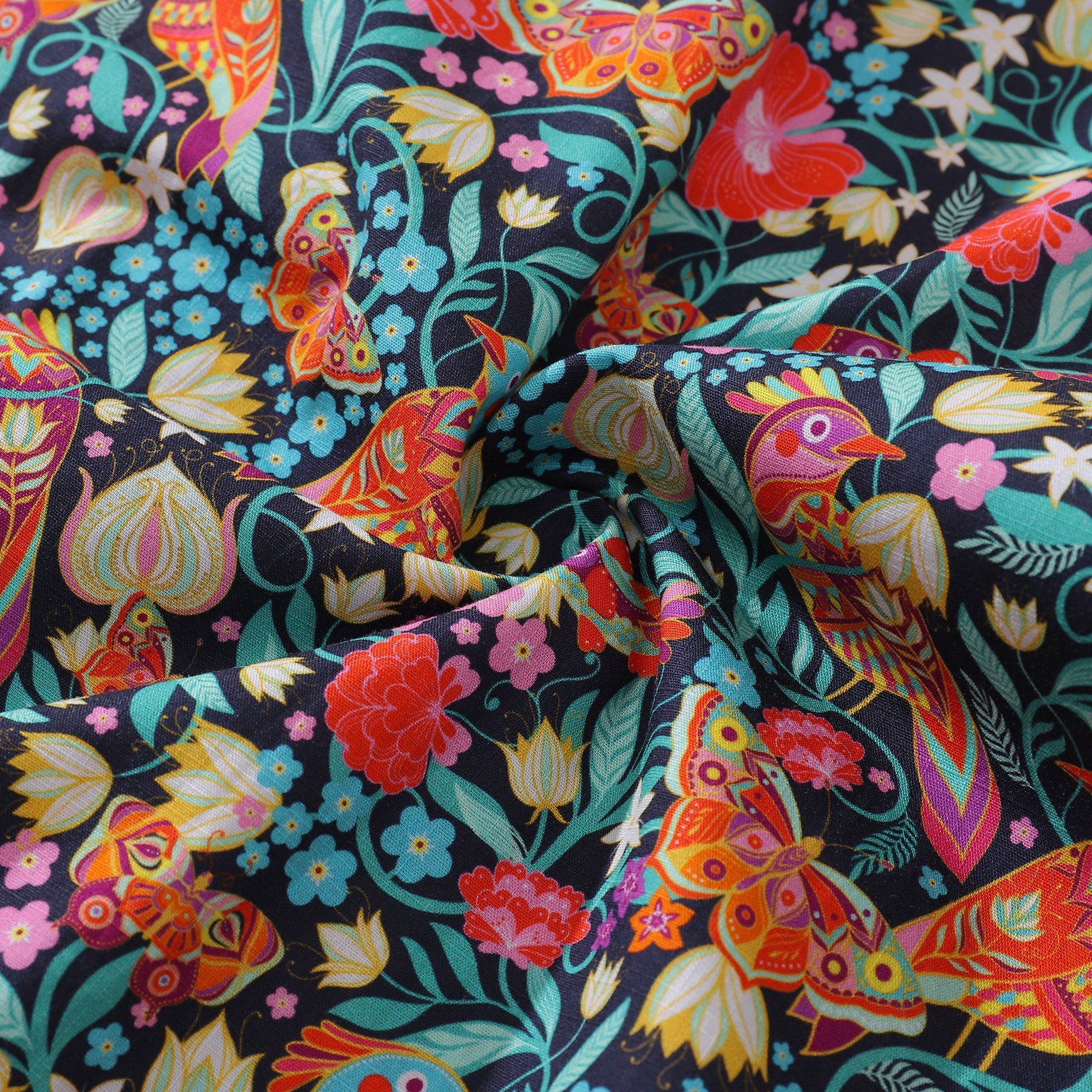 Men's Magic Garden Birds Cotton Aloha Shirt Navy Multi-color