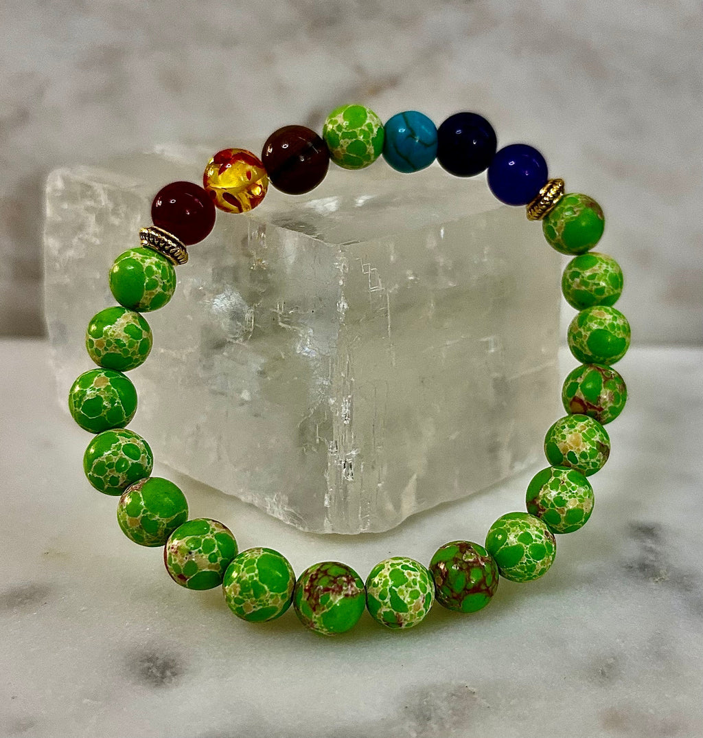 7 Chakra Healing Bracelet with Green Sea Sediment Jasper – Balance, Alignment & Grounding