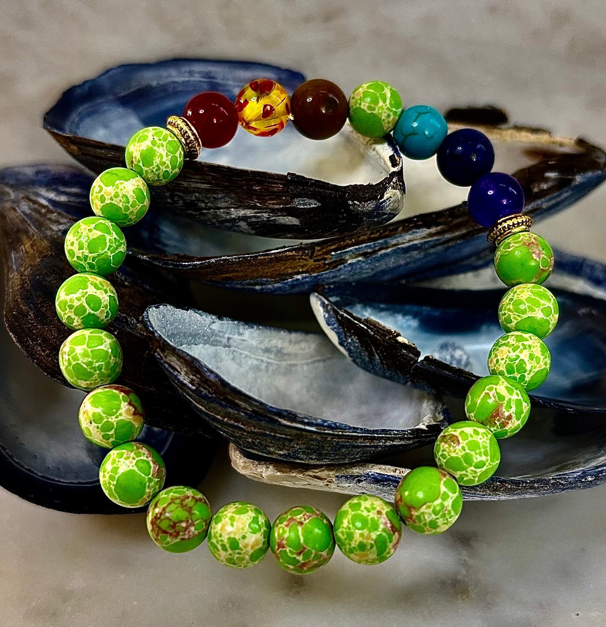 7 Chakra Healing Bracelet with Green Sea Sediment Jasper – Balance, Alignment & Grounding