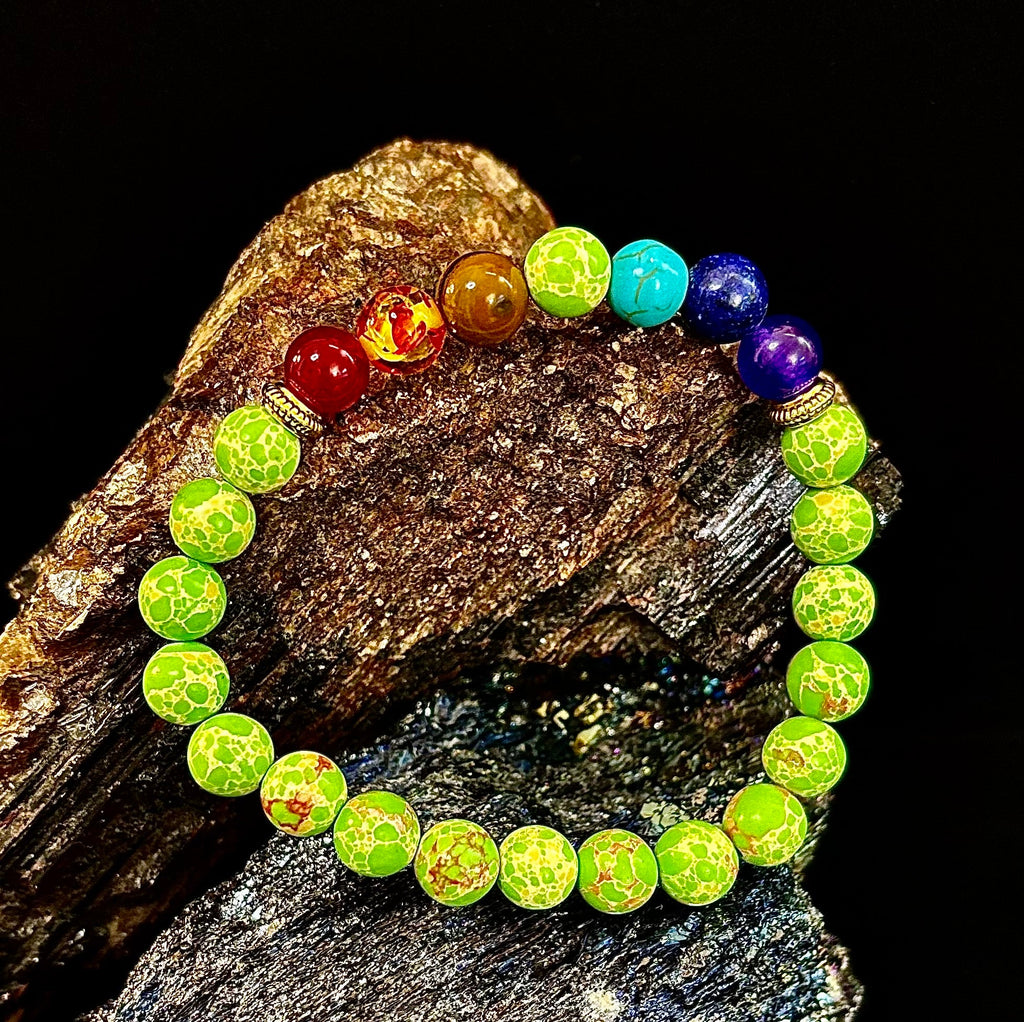 7 Chakra Healing Bracelet with Green Sea Sediment Jasper – Balance, Alignment & Grounding