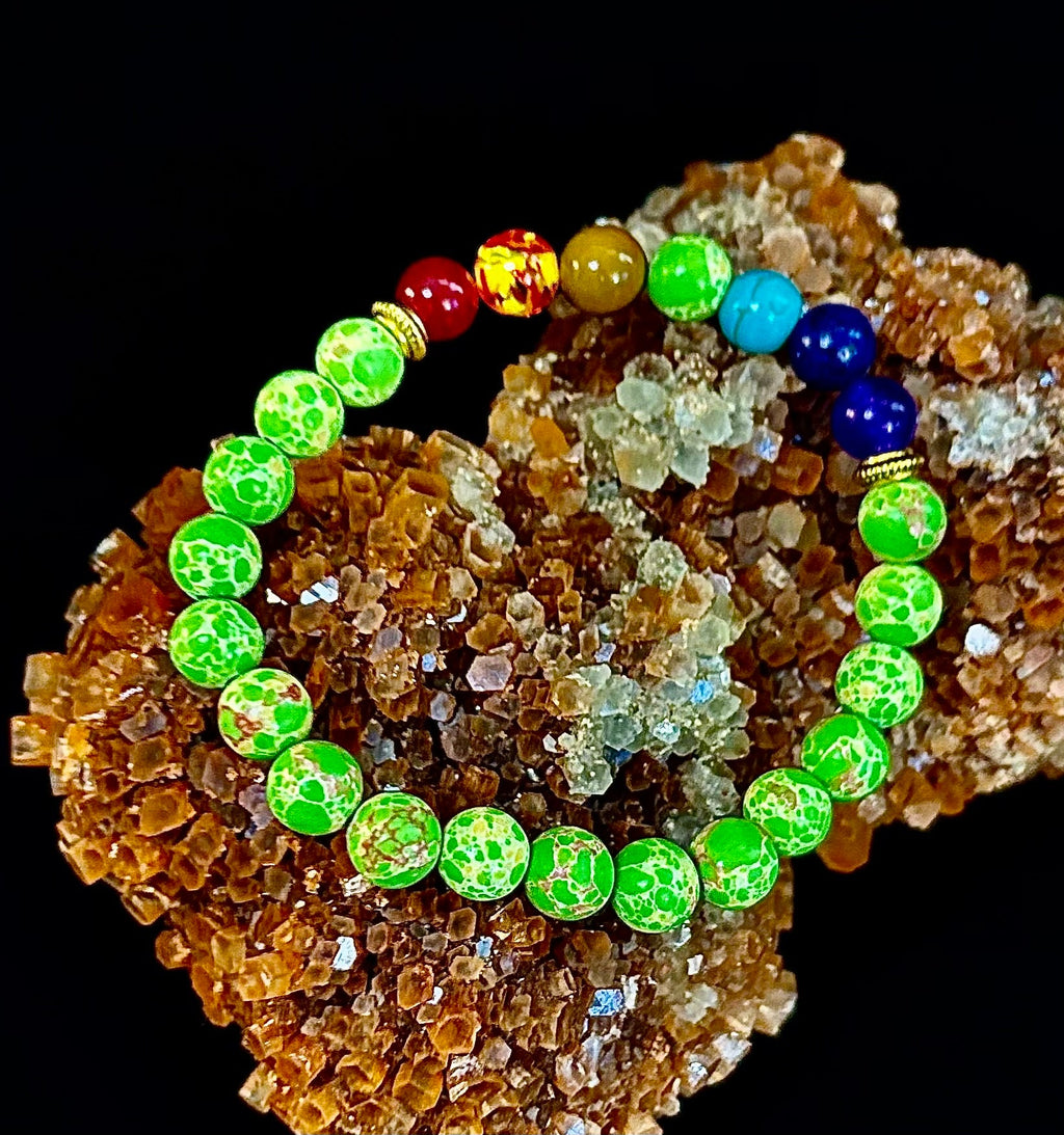 7 Chakra Healing Bracelet with Green Sea Sediment Jasper – Balance, Alignment & Grounding