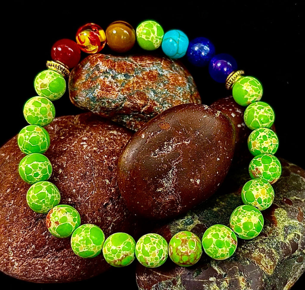 7 Chakra Healing Bracelet with Green Sea Sediment Jasper – Balance, Alignment & Grounding
