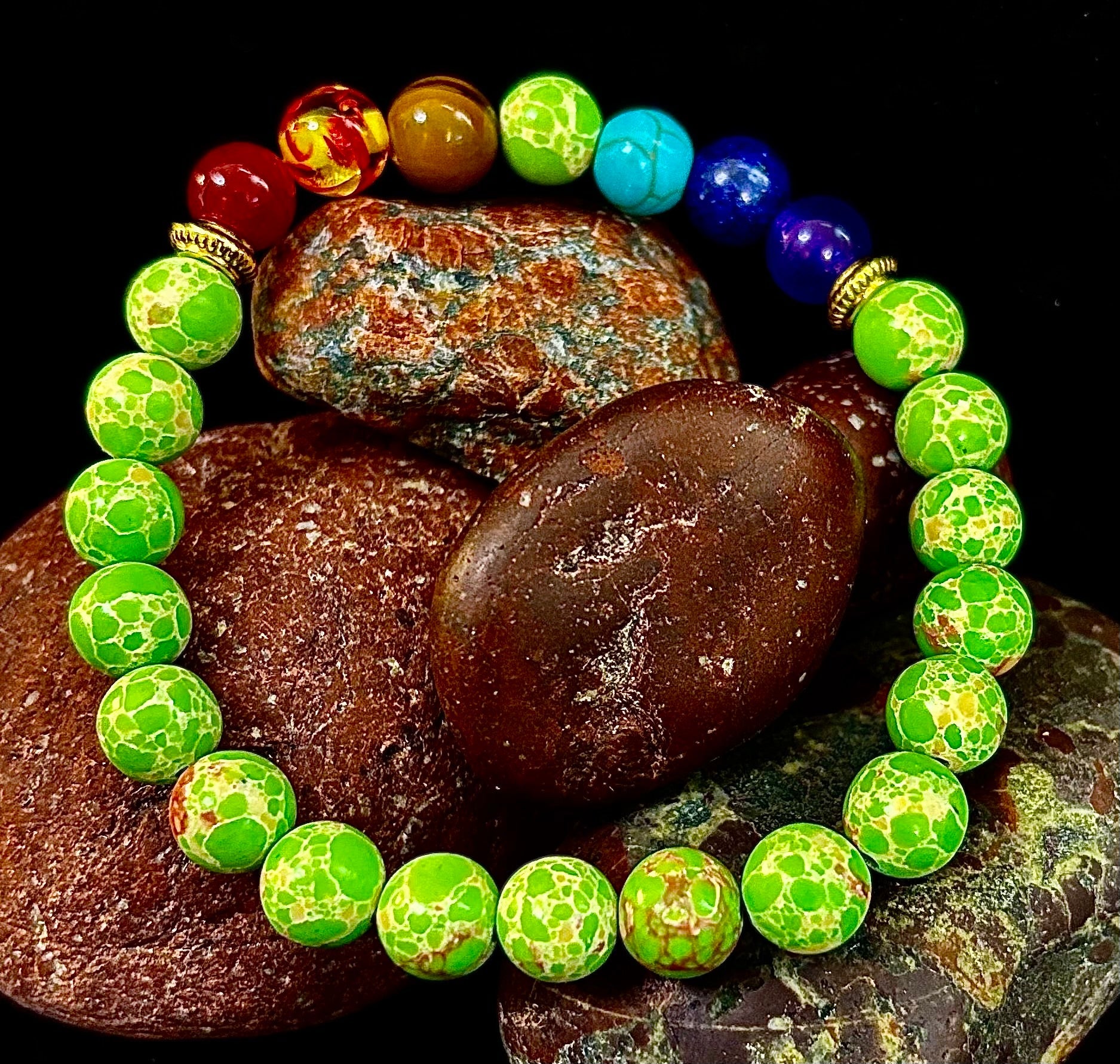 7 Chakra Healing Bracelet with Green Sea Sediment Jasper – Balance, Alignment & Grounding
