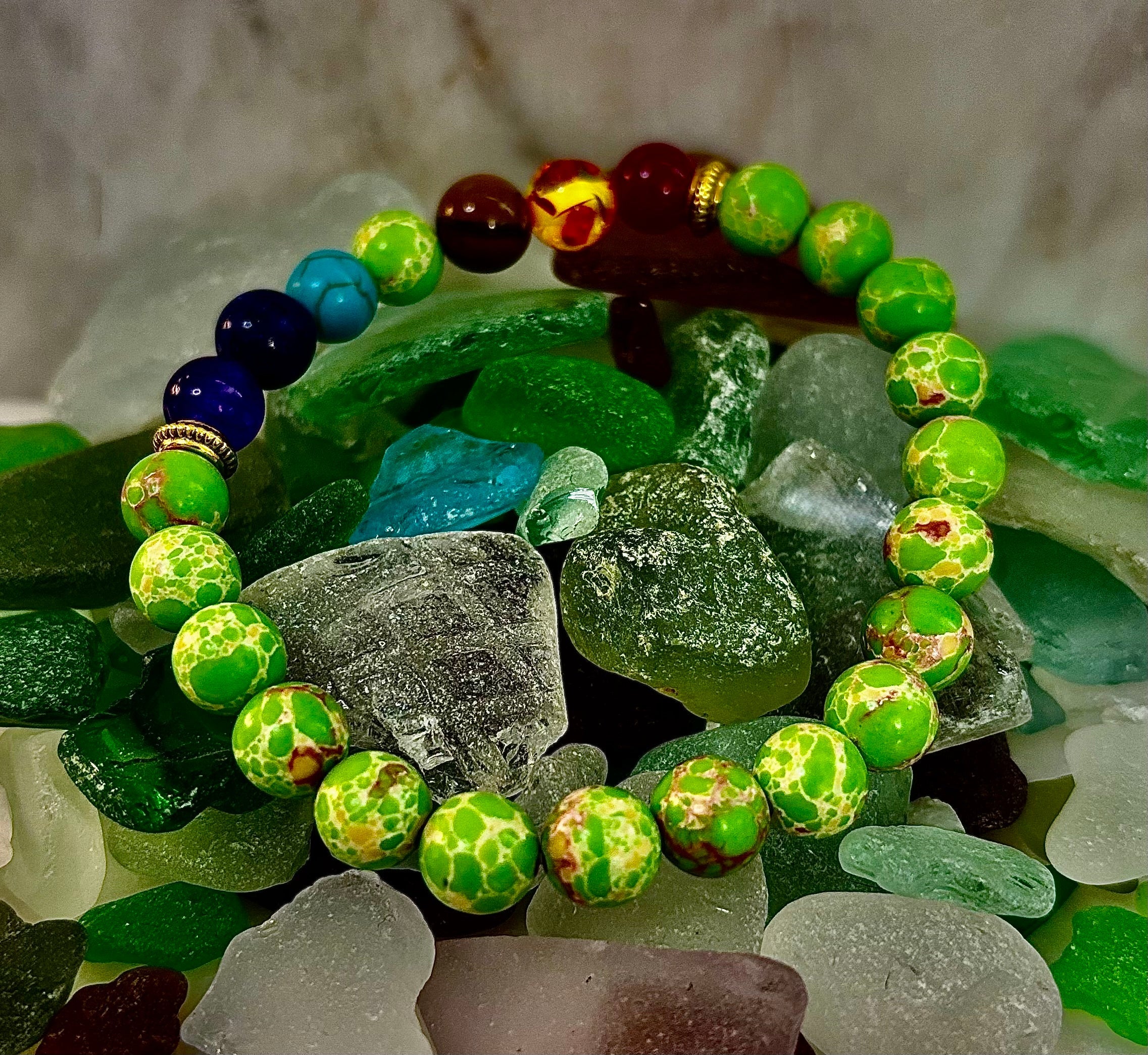 7 Chakra Healing Bracelet with Green Sea Sediment Jasper – Balance, Alignment & Grounding