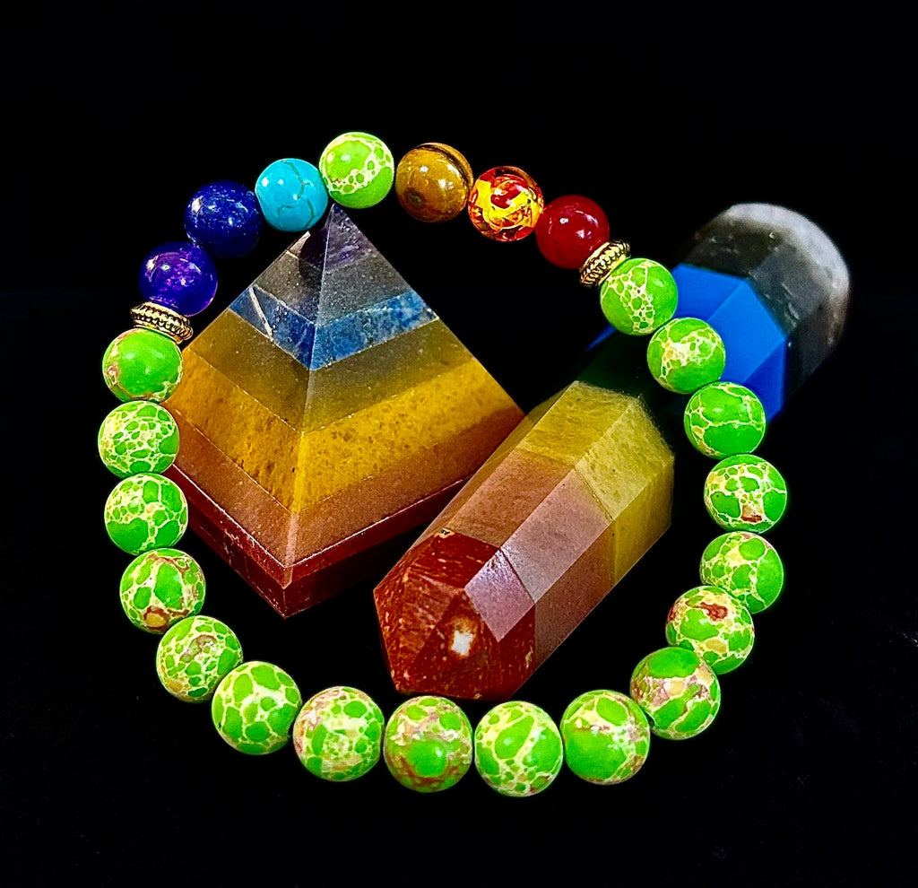 7 Chakra Healing Bracelet with Green Sea Sediment Jasper – Balance, Alignment & Grounding