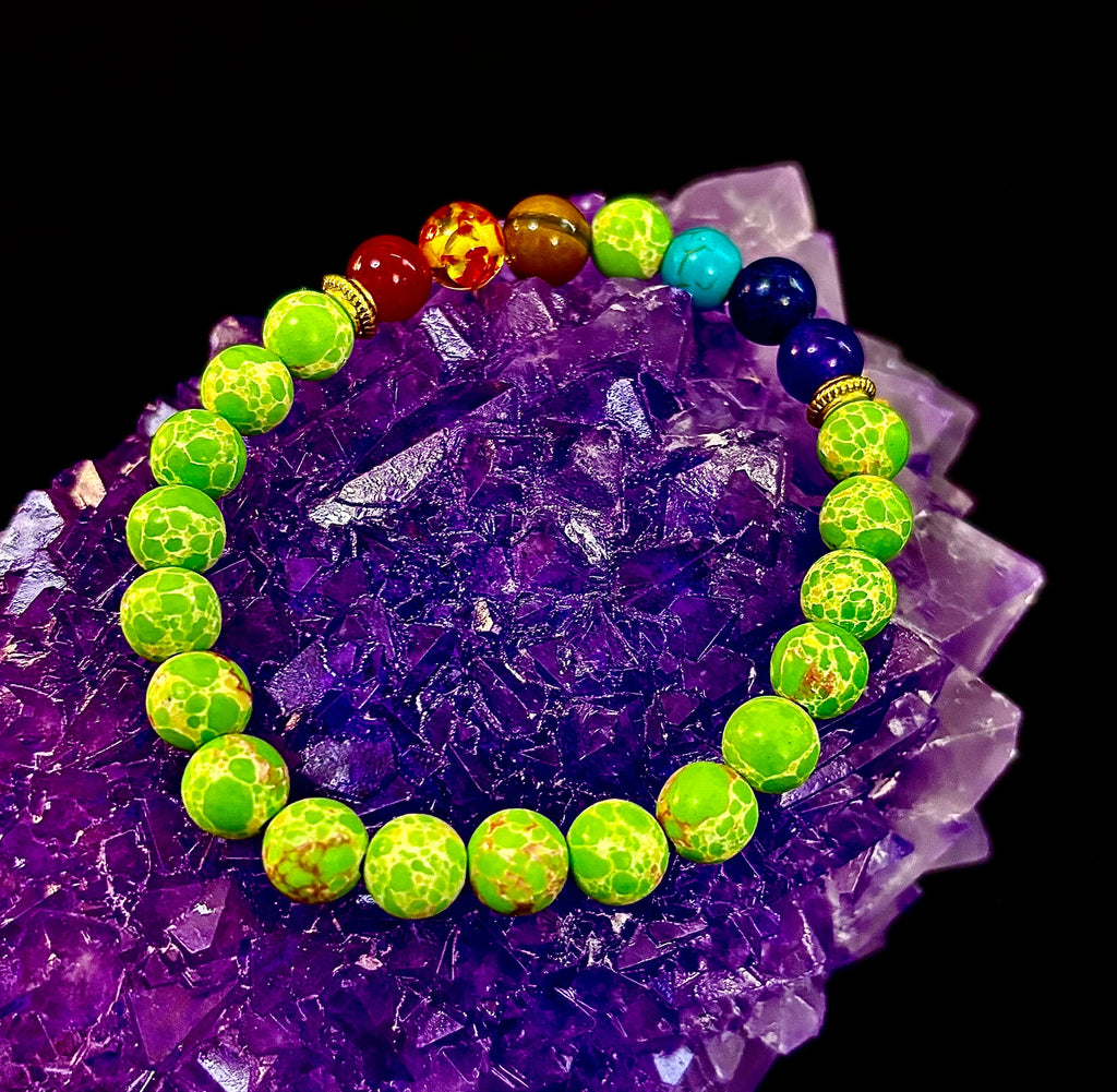 7 Chakra Healing Bracelet with Green Sea Sediment Jasper – Balance, Alignment & Grounding