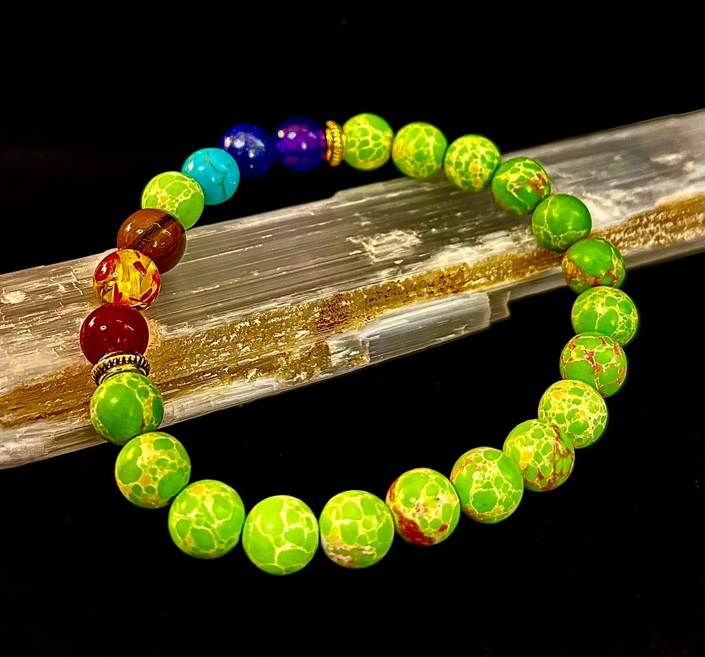 7 Chakra Healing Bracelet with Green Sea Sediment Jasper – Balance, Alignment & Grounding