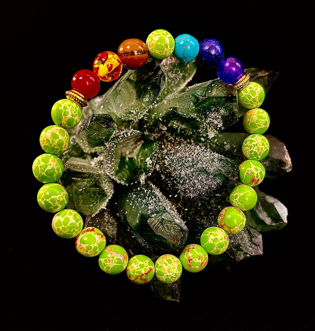 7 Chakra Healing Bracelet with Green Sea Sediment Jasper – Balance, Alignment & Grounding