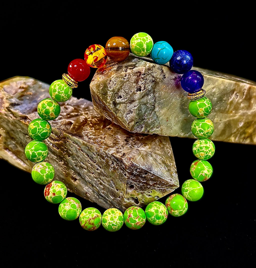 7 Chakra Healing Bracelet with Green Sea Sediment Jasper – Balance, Alignment & Grounding