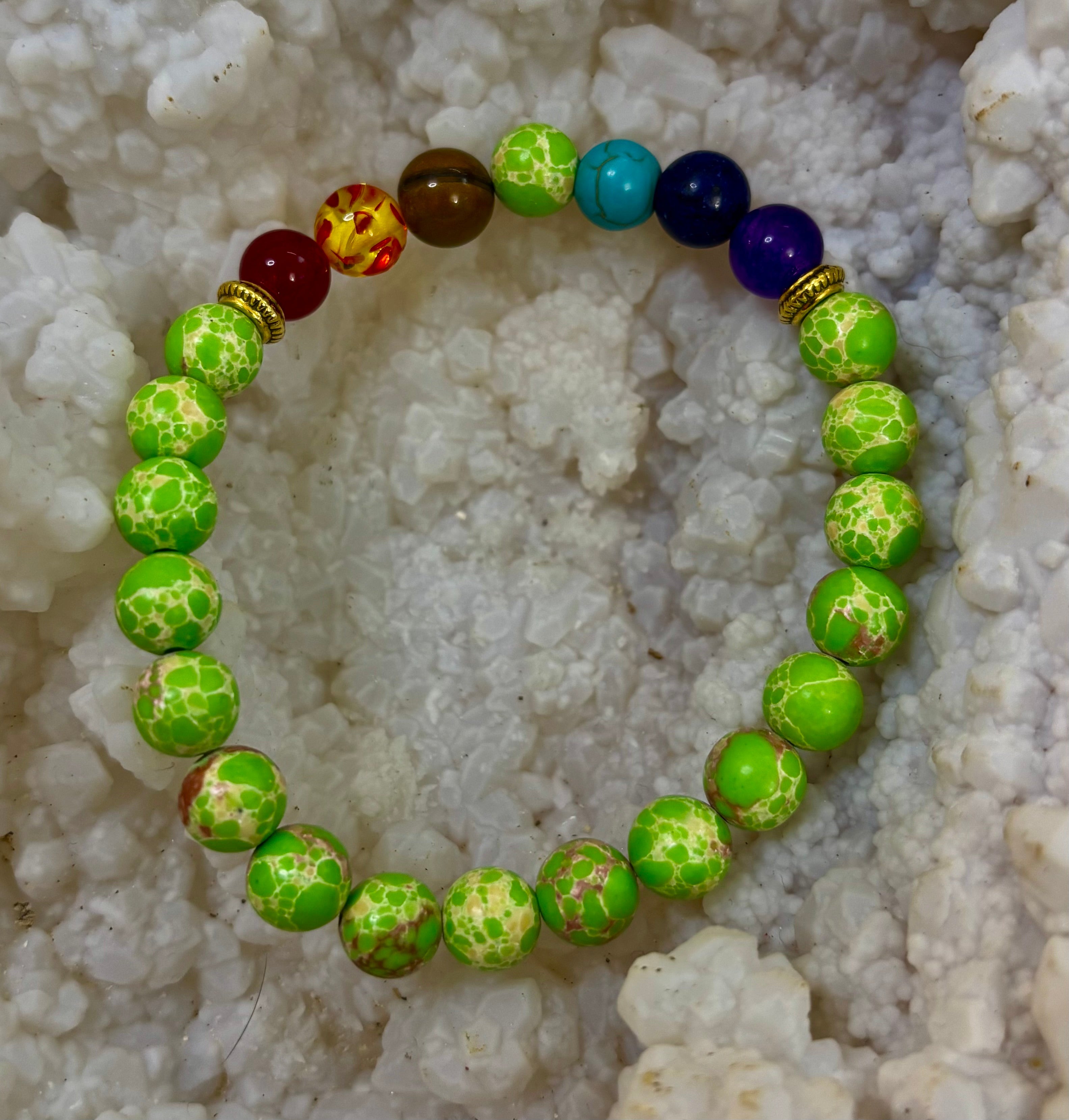 7 Chakra Healing Bracelet with Green Sea Sediment Jasper – Balance, Alignment & Grounding
