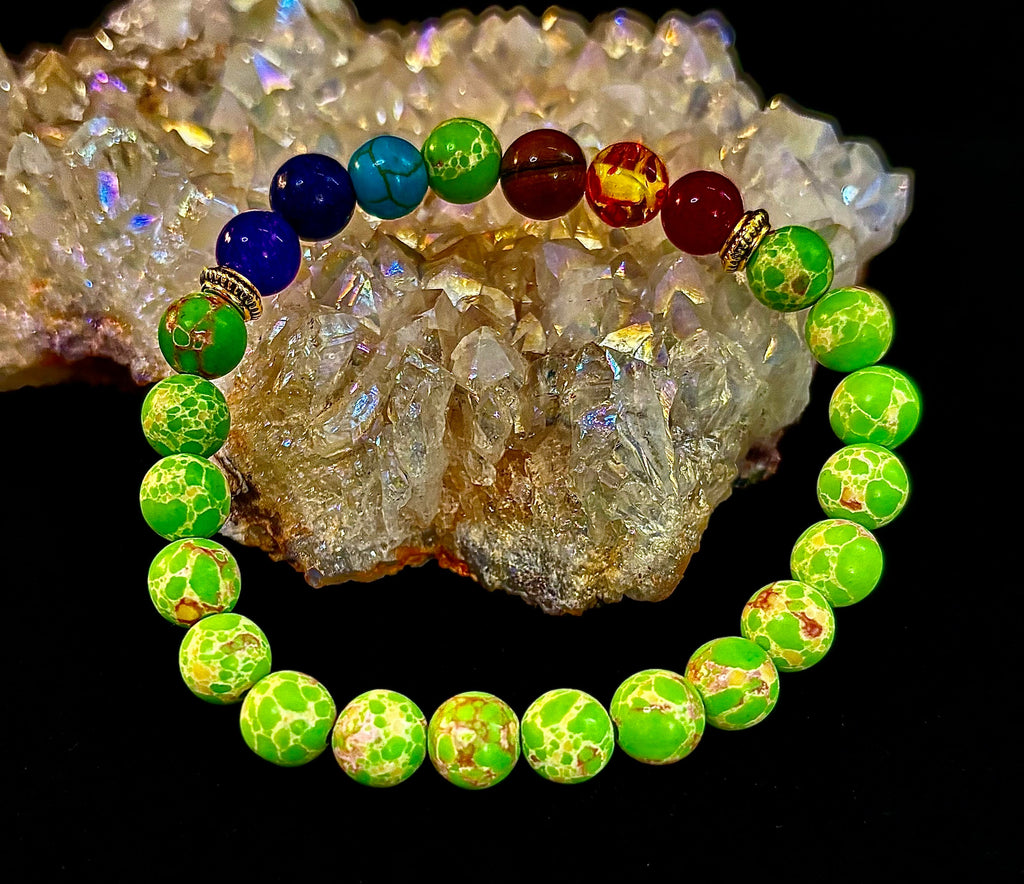 7 Chakra Healing Bracelet with Green Sea Sediment Jasper – Balance, Alignment & Grounding