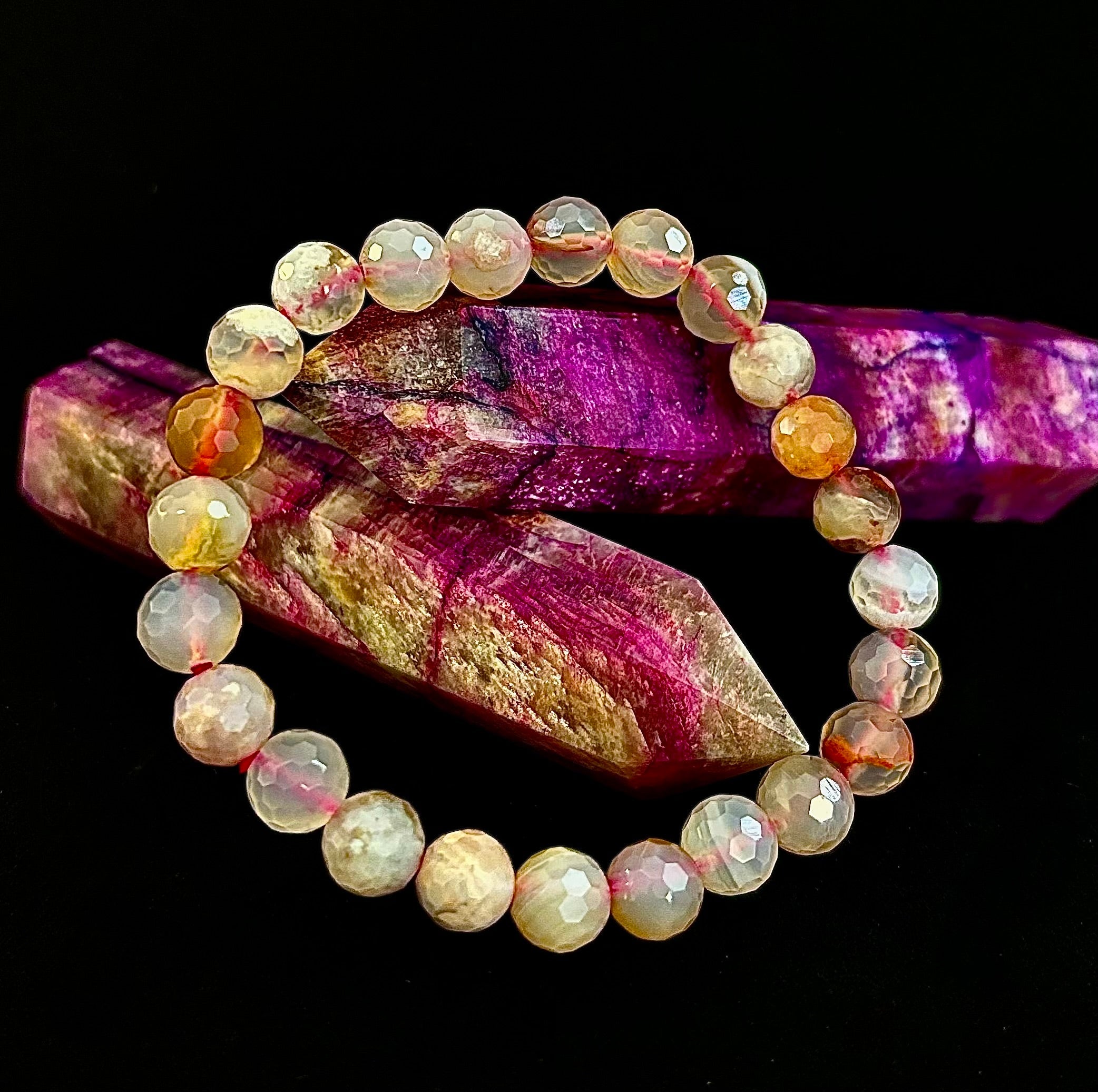 🌸 Cherry Blossom Agate Polyhedral-Cut Bracelet – 8mm (Medium Wrist)