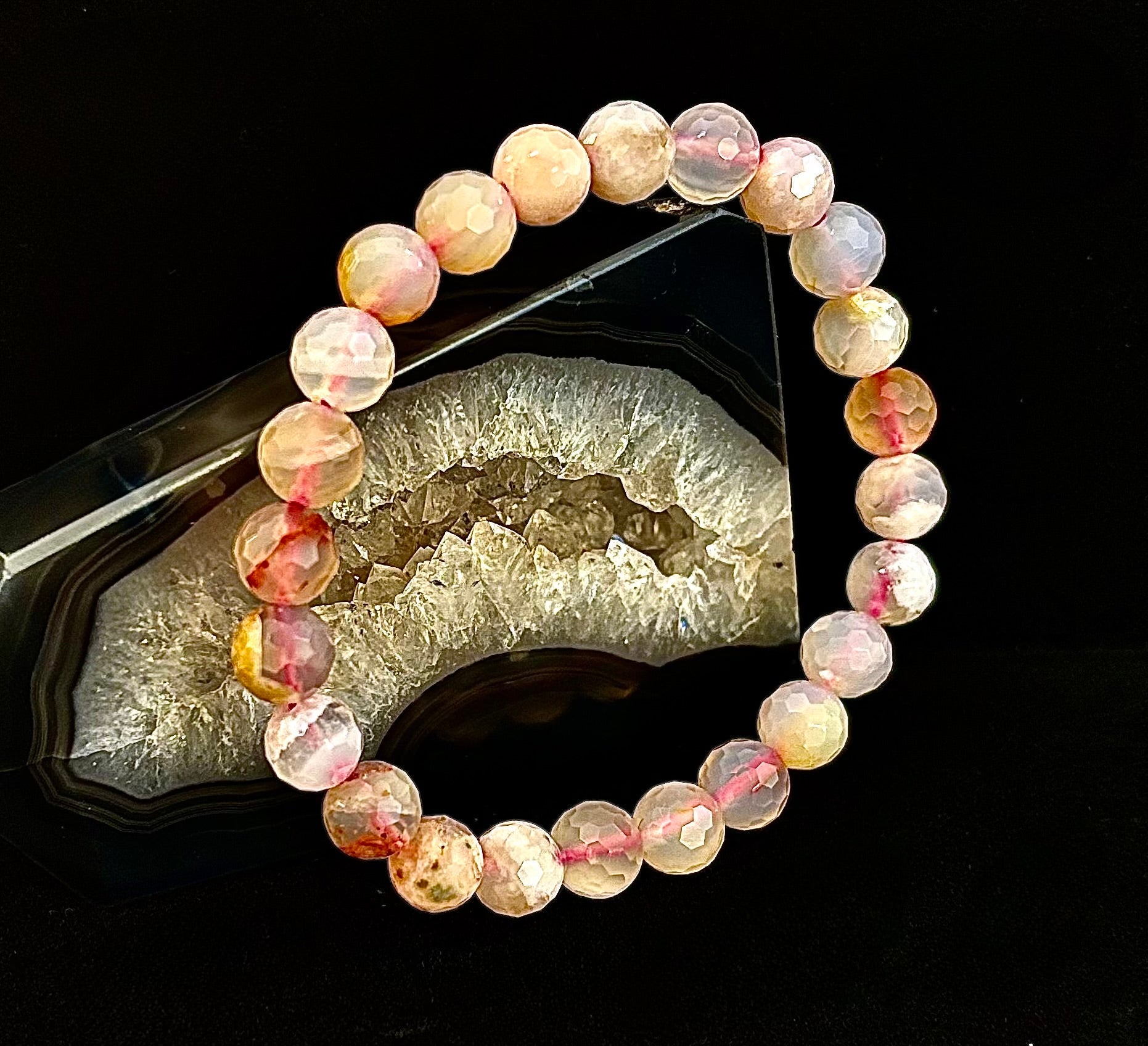 🌸 Cherry Blossom Agate Polyhedral-Cut Bracelet – 8mm (Medium Wrist)