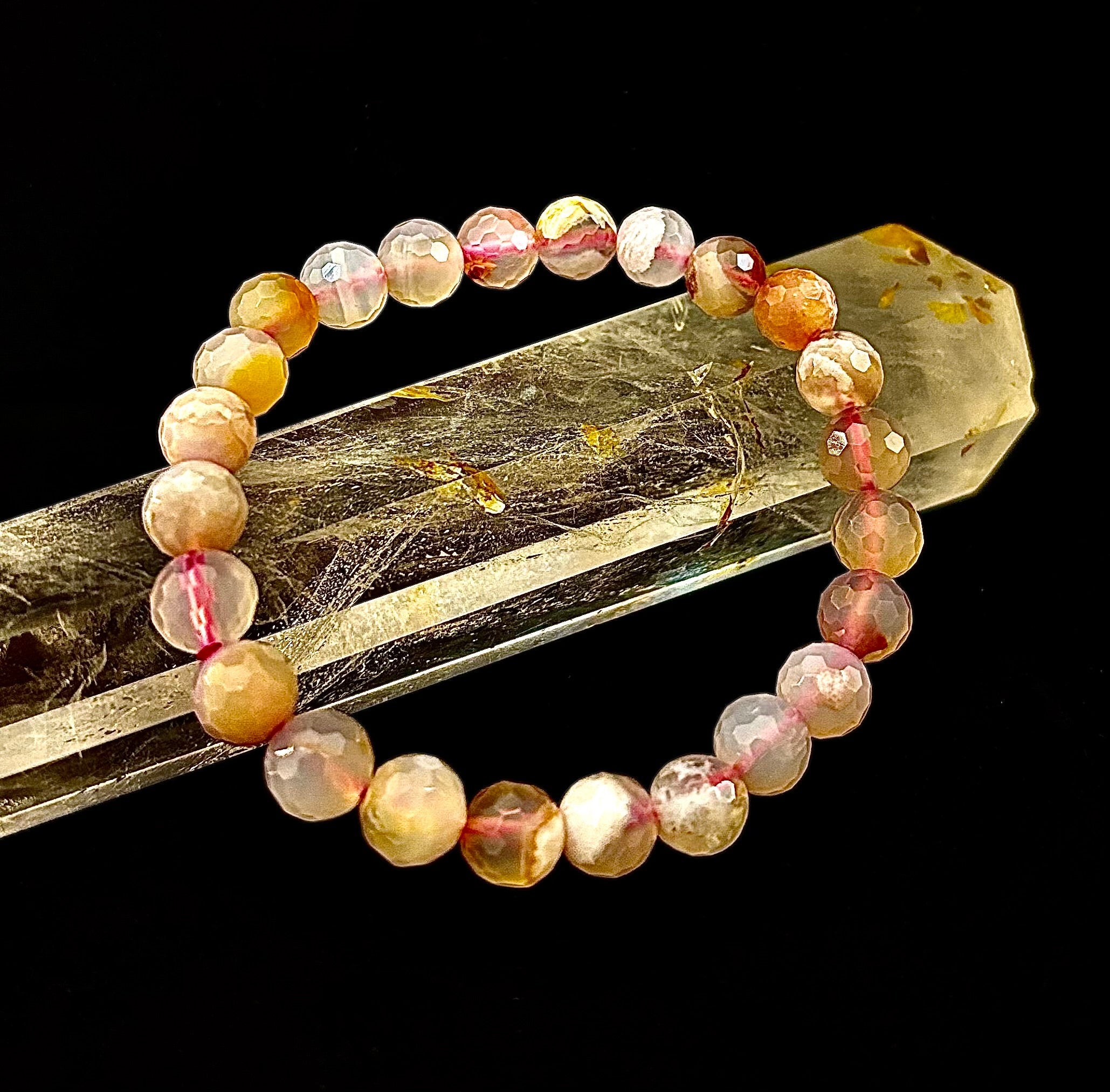 🌸 Cherry Blossom Agate Polyhedral-Cut Bracelet – 8mm (Medium Wrist)
