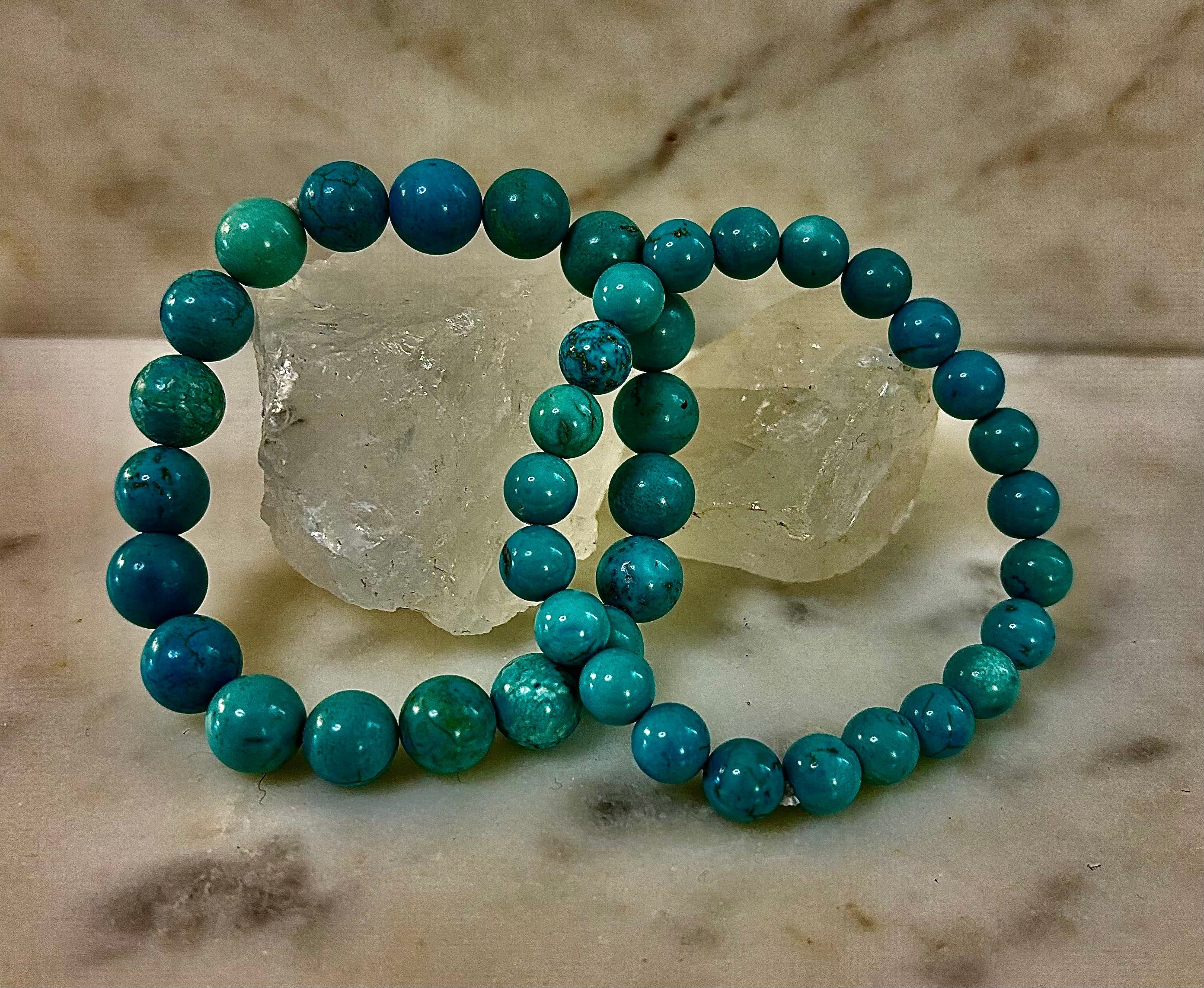 Natural Turquoise Howlite Beaded Bracelet – 8mm & 10mm Stones for Calm & Protection (Medium Wrists)