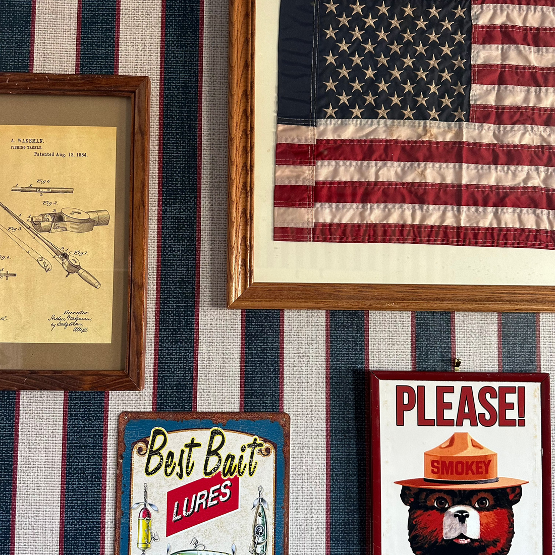 Dallas navy, white, and maroon striped wallpaper for nautical home office