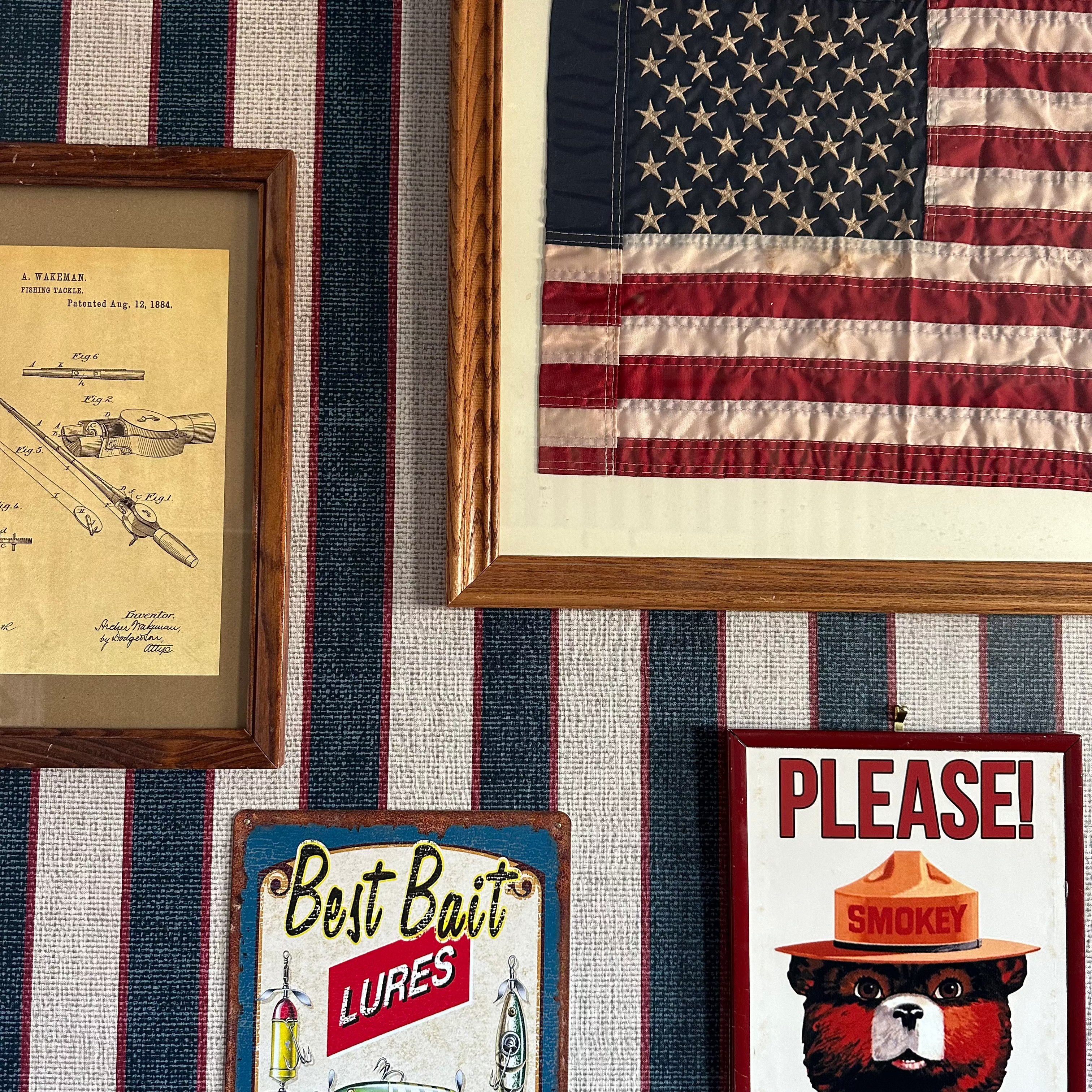Dallas navy, white, and maroon striped wallpaper for nautical home office