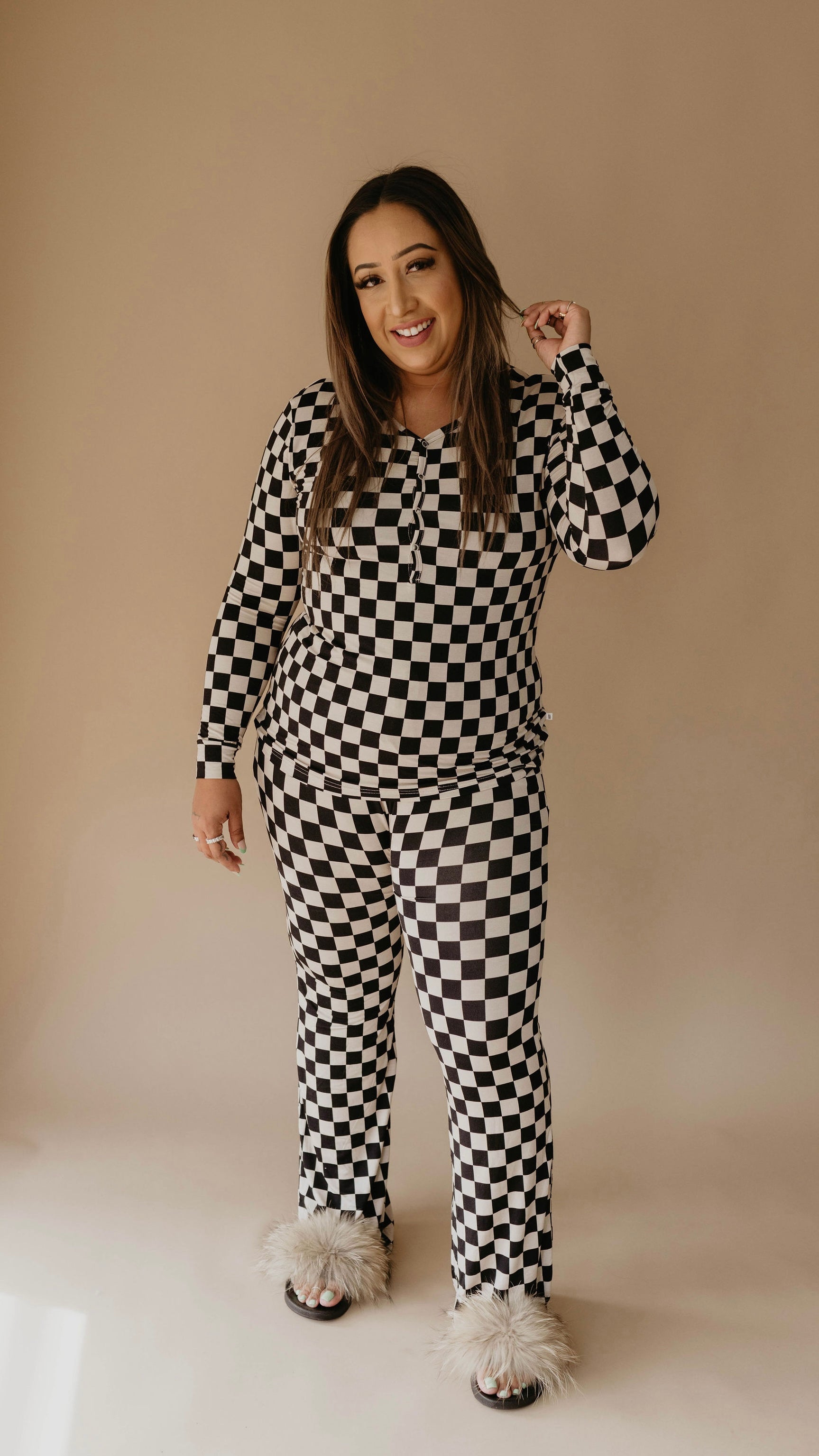 Women's Black Checkerboard Bamboo Pajamas - Long Sleeve
