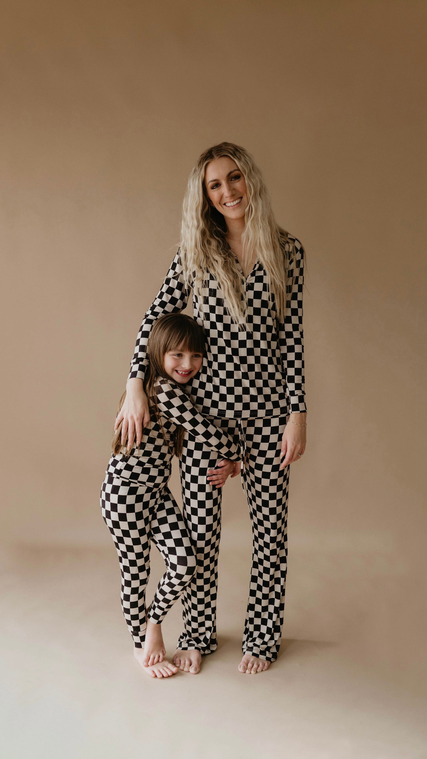 Women's Black Checkerboard Bamboo Pajamas - Long Sleeve