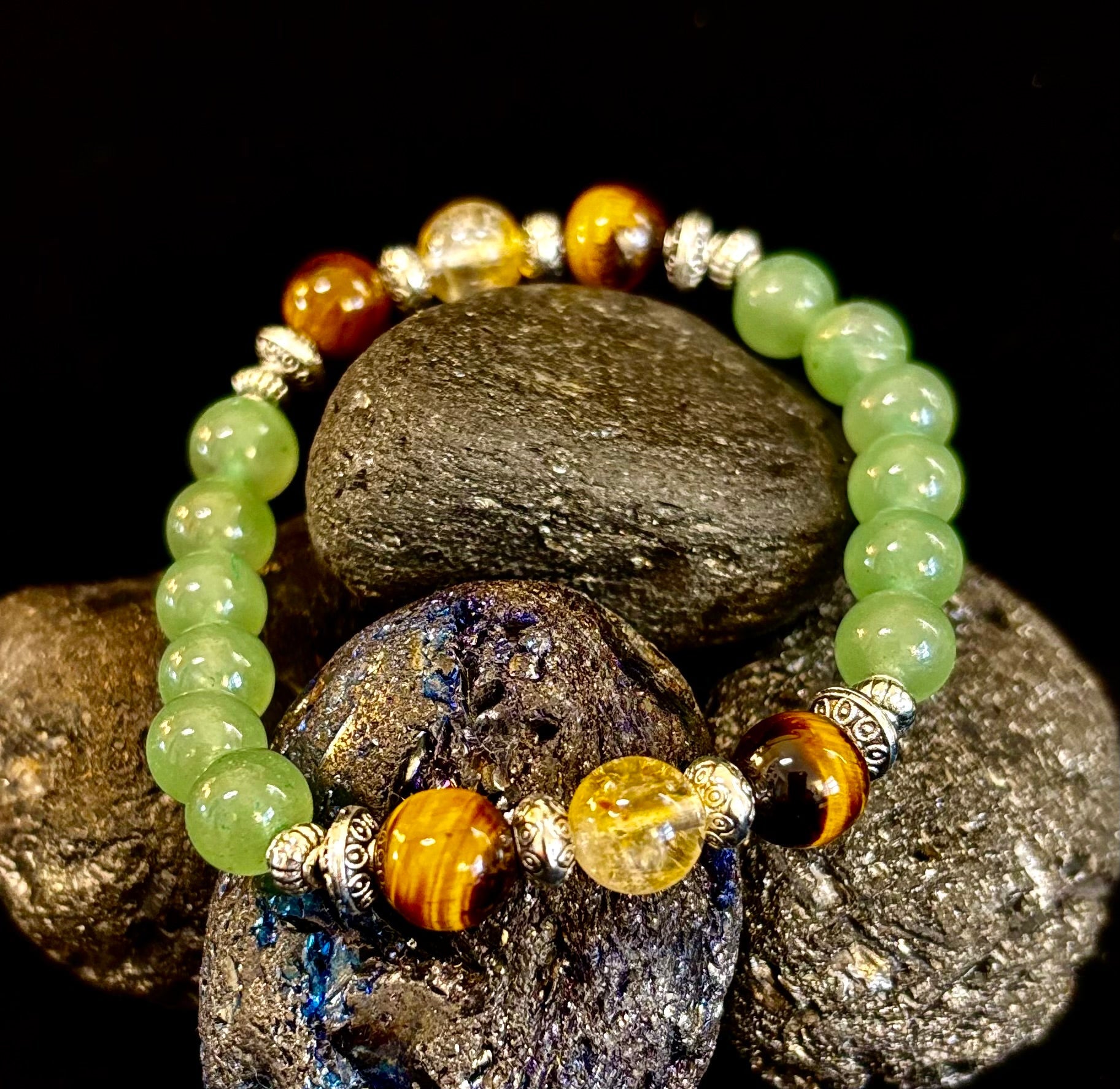 Abundance & Luck Intention Bracelet – Reiki-Infused Citrine, Tiger Eye & Green Aventurine