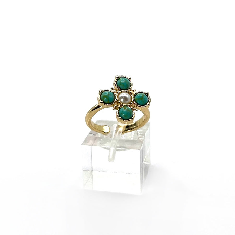 Turquoise Pearl Glory Cross Ring
