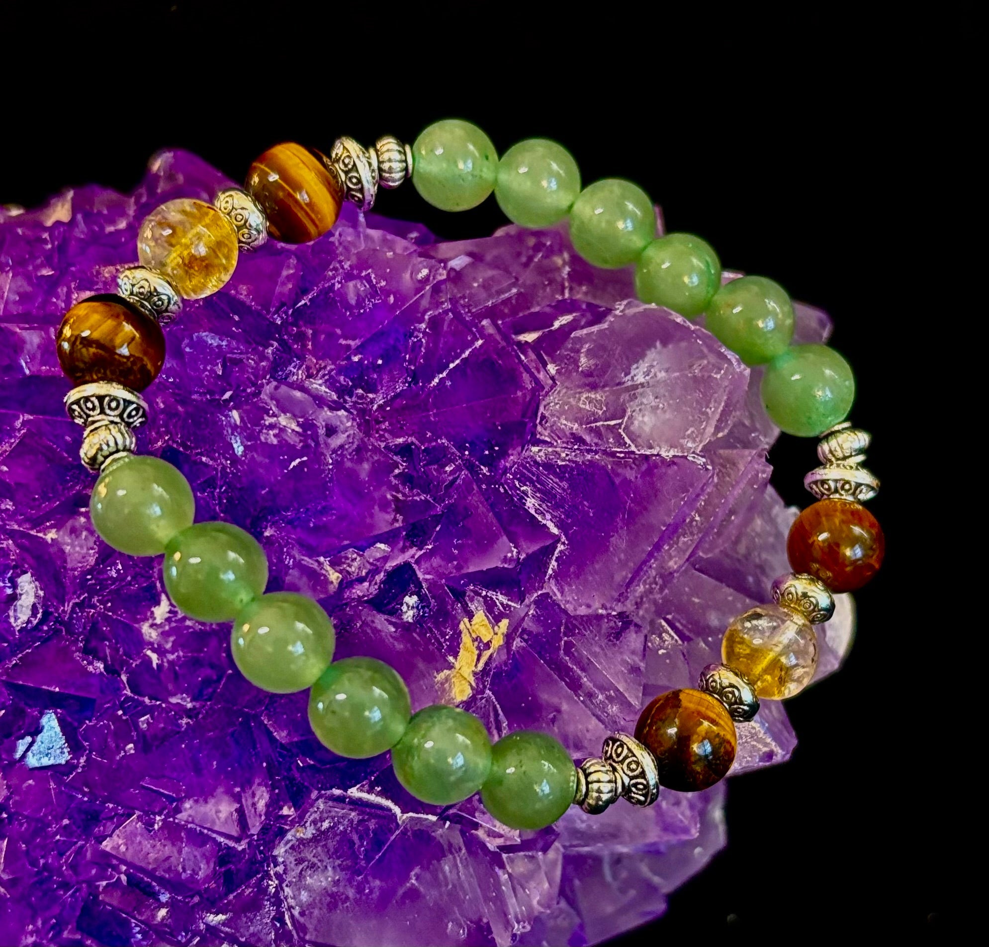 Abundance & Luck Intention Bracelet – Reiki-Infused Citrine, Tiger Eye & Green Aventurine