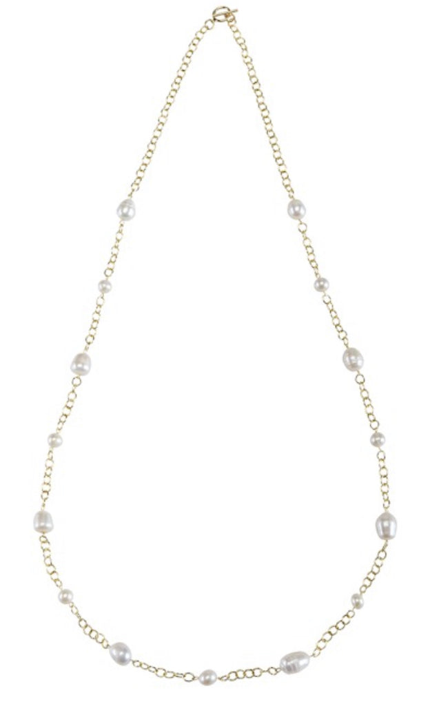 32 inch gold-tone chain necklace with white freshwater baroque pearls and a toggle clasp