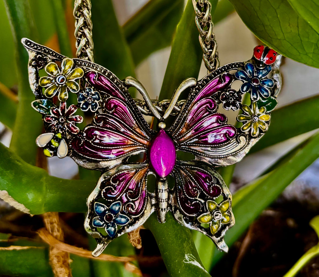 Statement Butterfly Necklace – Bold Enamel Butterfly Pendant in Purple or Blue