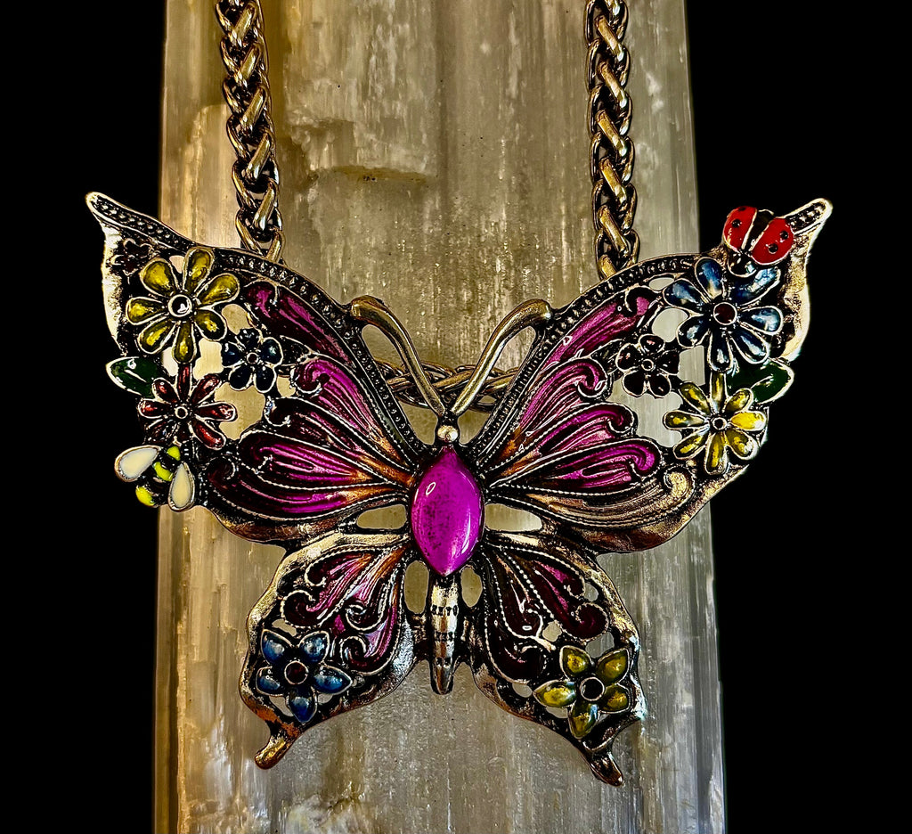 Statement Butterfly Necklace – Bold Enamel Butterfly Pendant in Purple or Blue