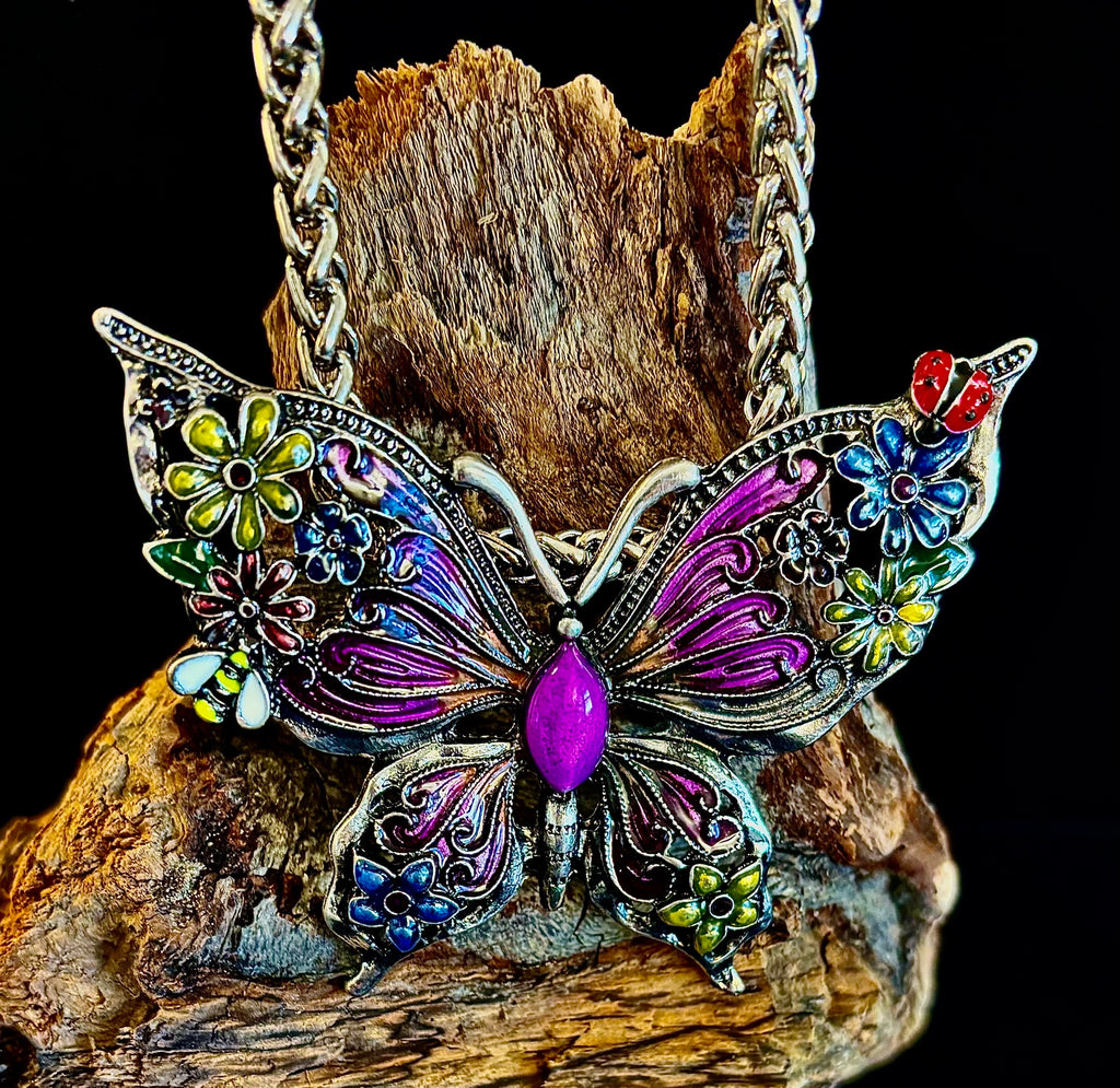 Statement Butterfly Necklace – Bold Enamel Butterfly Pendant in Purple or Blue
