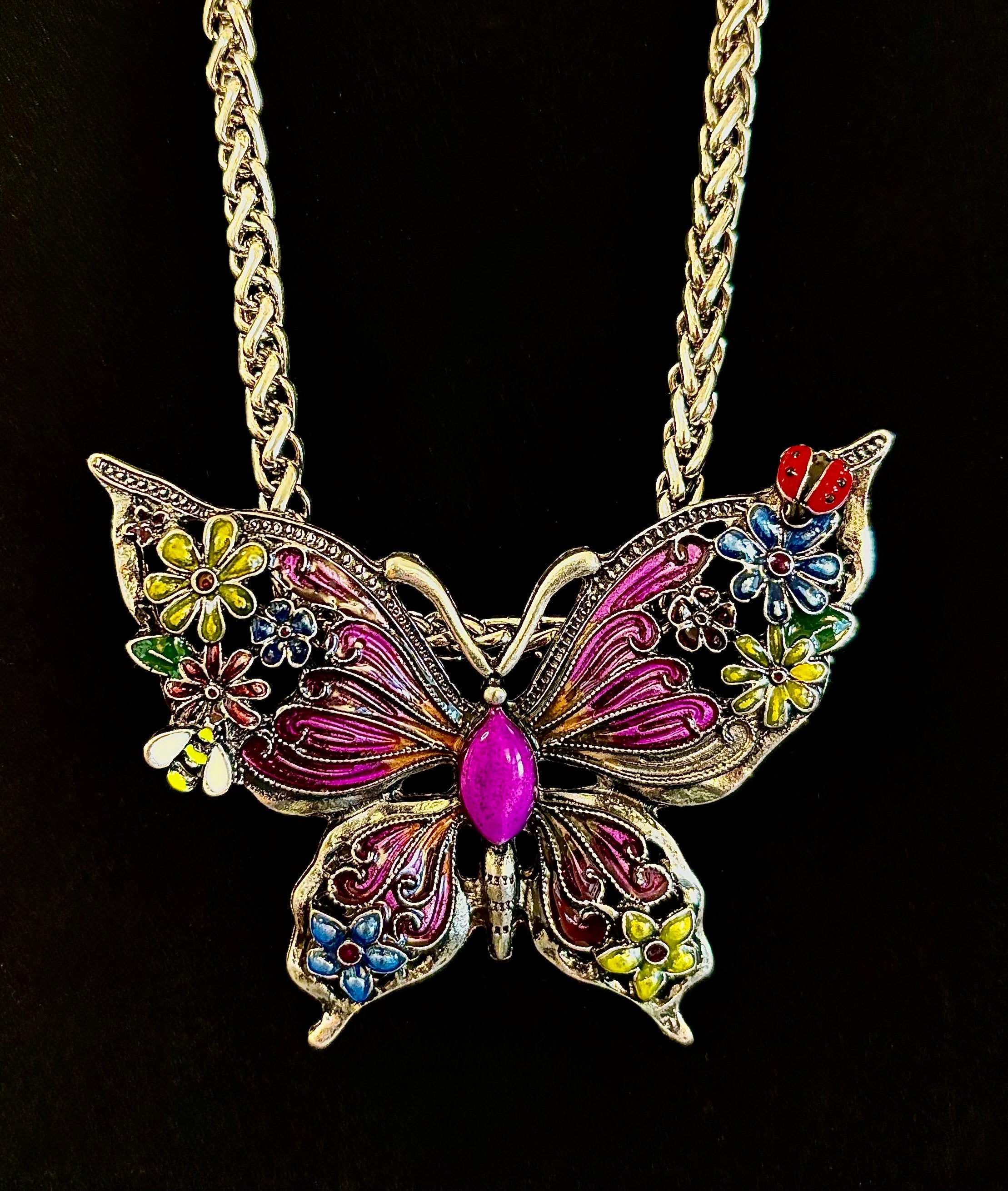 Statement Butterfly Necklace – Bold Enamel Butterfly Pendant in Purple or Blue