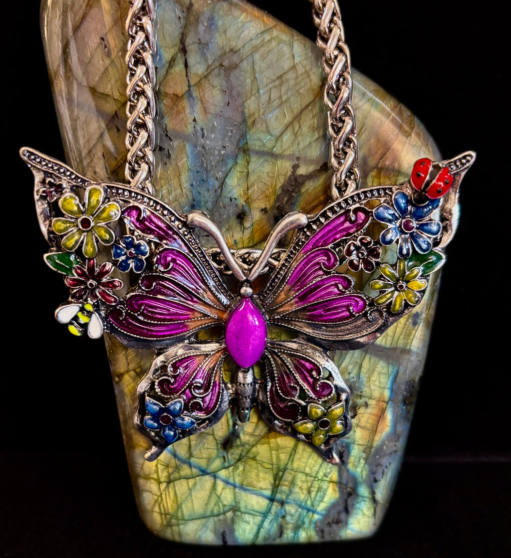 Statement Butterfly Necklace – Bold Enamel Butterfly Pendant in Purple or Blue