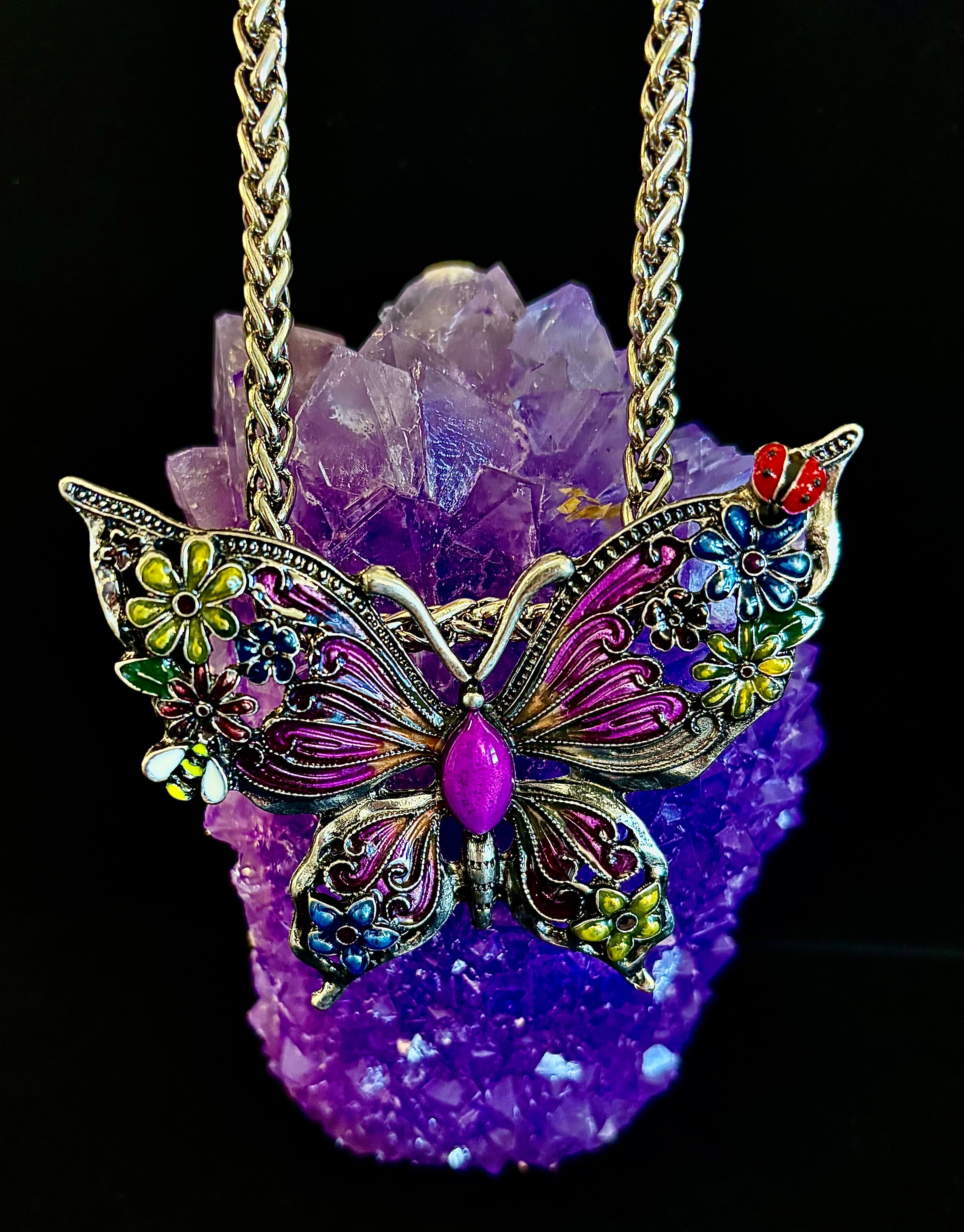 Statement Butterfly Necklace – Bold Enamel Butterfly Pendant in Purple or Blue