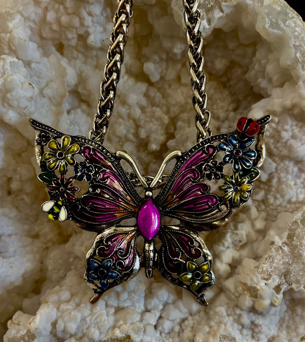 Statement Butterfly Necklace – Bold Enamel Butterfly Pendant in Purple or Blue