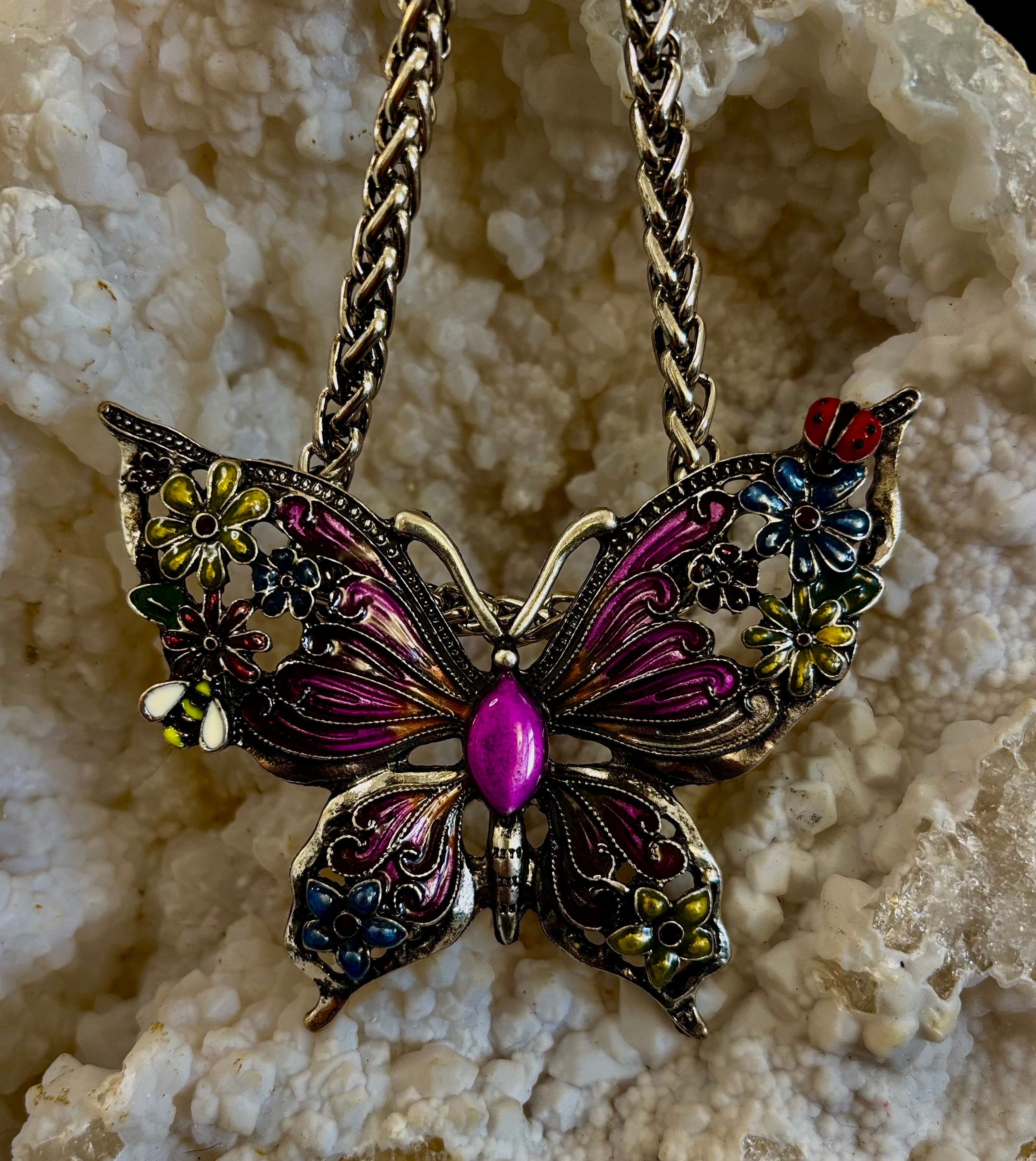 Statement Butterfly Necklace – Bold Enamel Butterfly Pendant in Purple or Blue