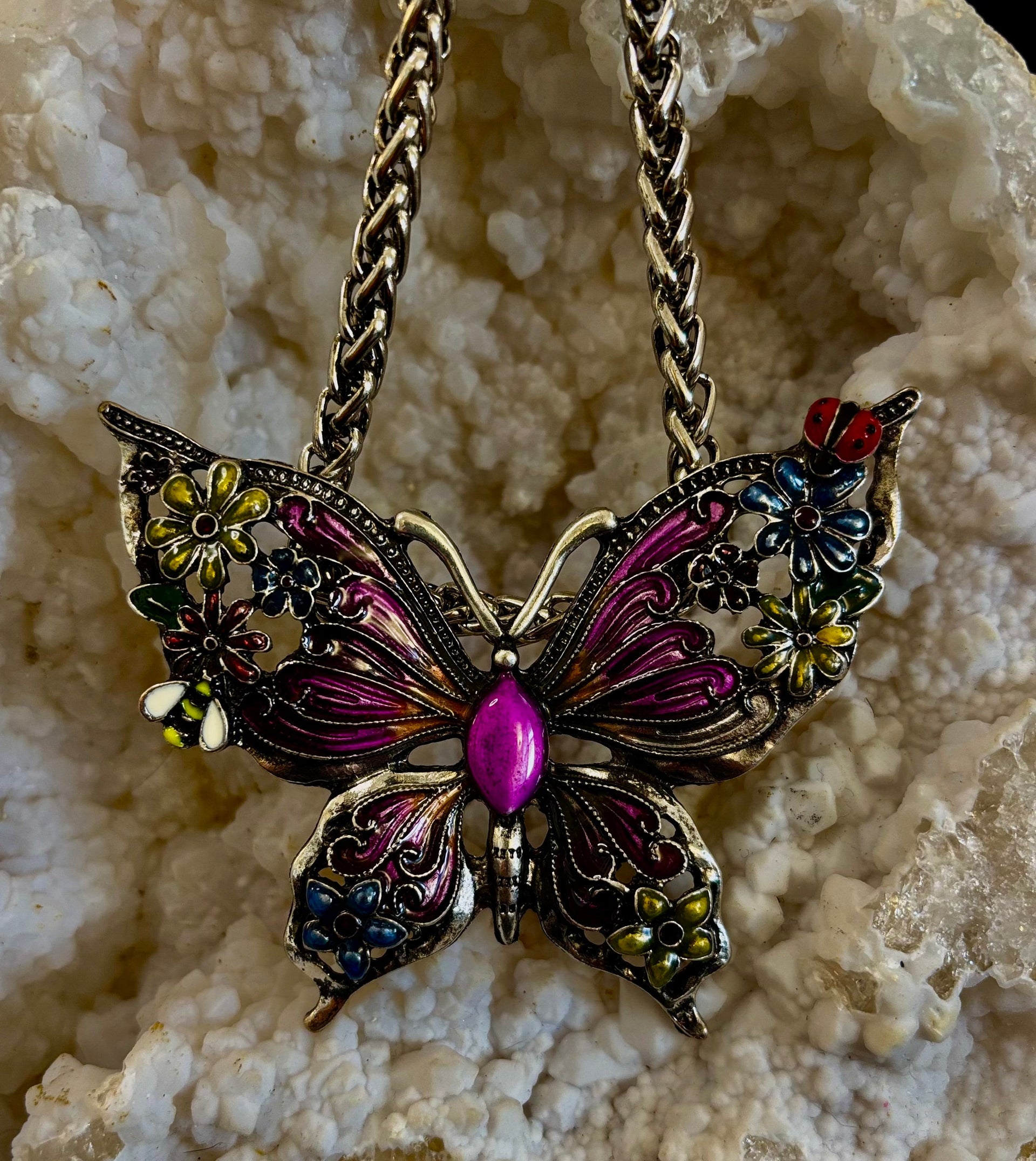 Statement Butterfly Necklace – Bold Enamel Butterfly Pendant in Purple or Blue