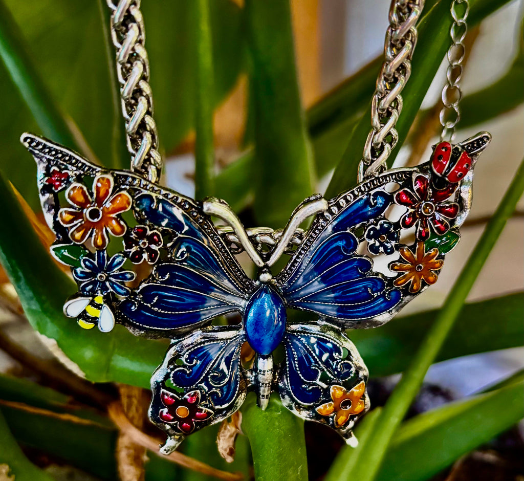 Statement Butterfly Necklace – Bold Enamel Butterfly Pendant in Purple or Blue