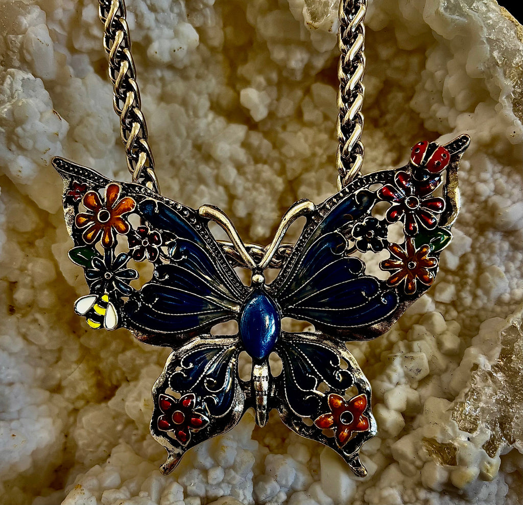 Statement Butterfly Necklace – Bold Enamel Butterfly Pendant in Purple or Blue
