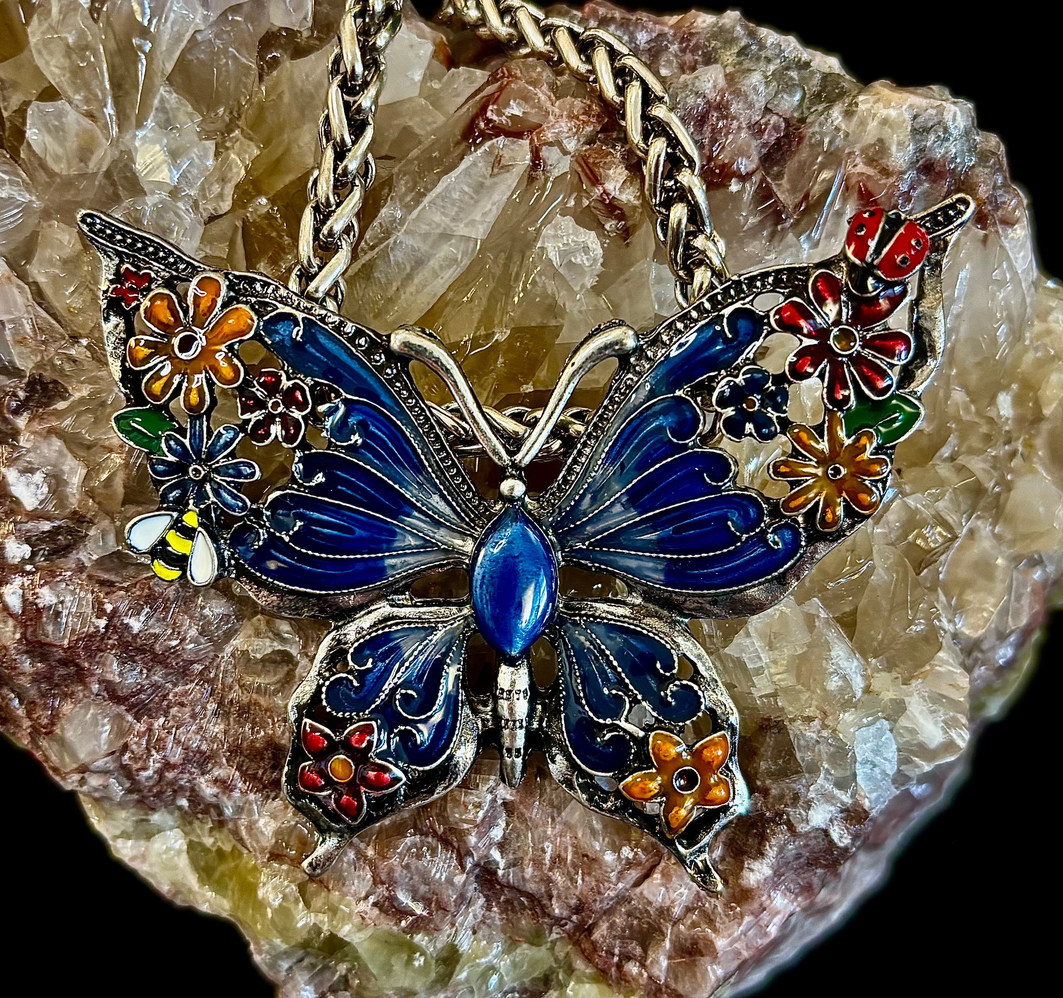 Statement Butterfly Necklace – Bold Enamel Butterfly Pendant in Purple or Blue